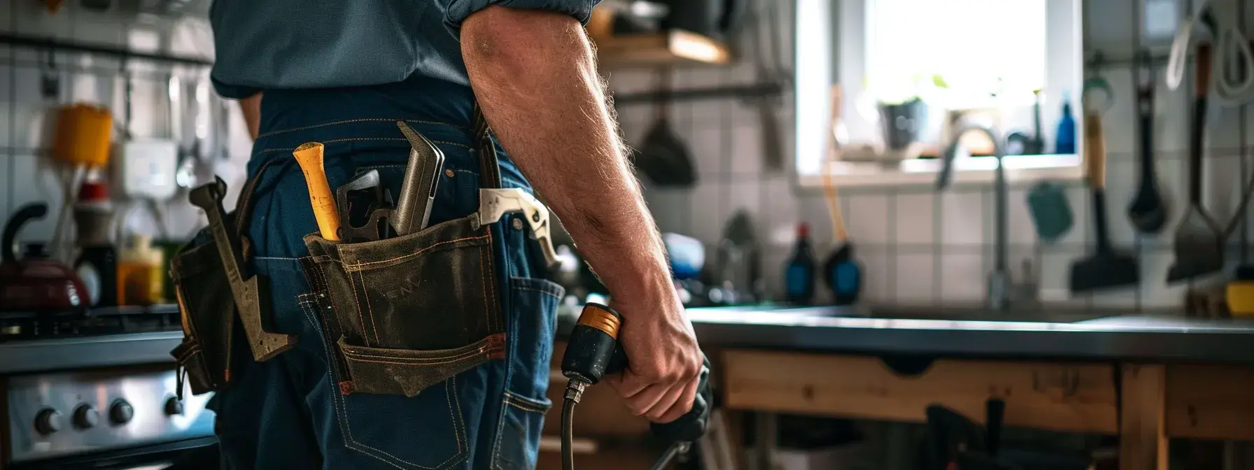 Handyman holding drill in kitchen with tool belt and natural light streaming in