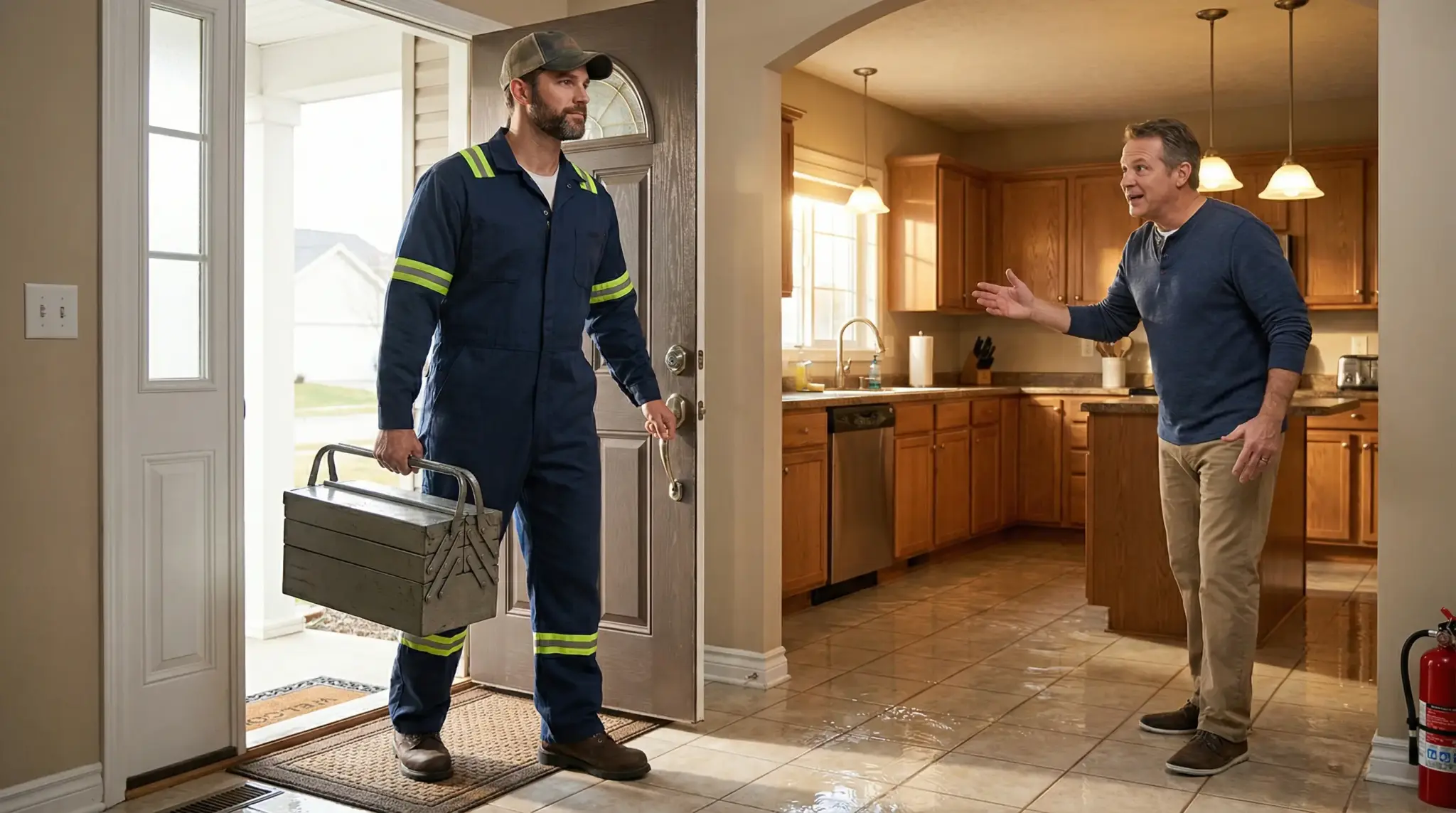 Worker in blue coveralls entering kitchen with toolbox while man gestures at water on floor