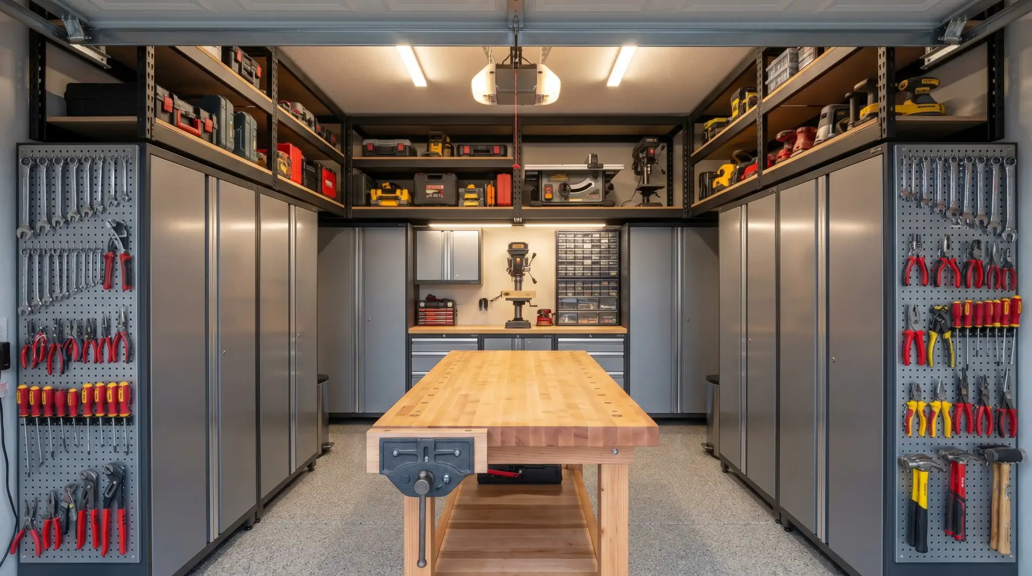 Organized garage workshop with wooden workbench, tools on pegboards, and metal storage cabinets