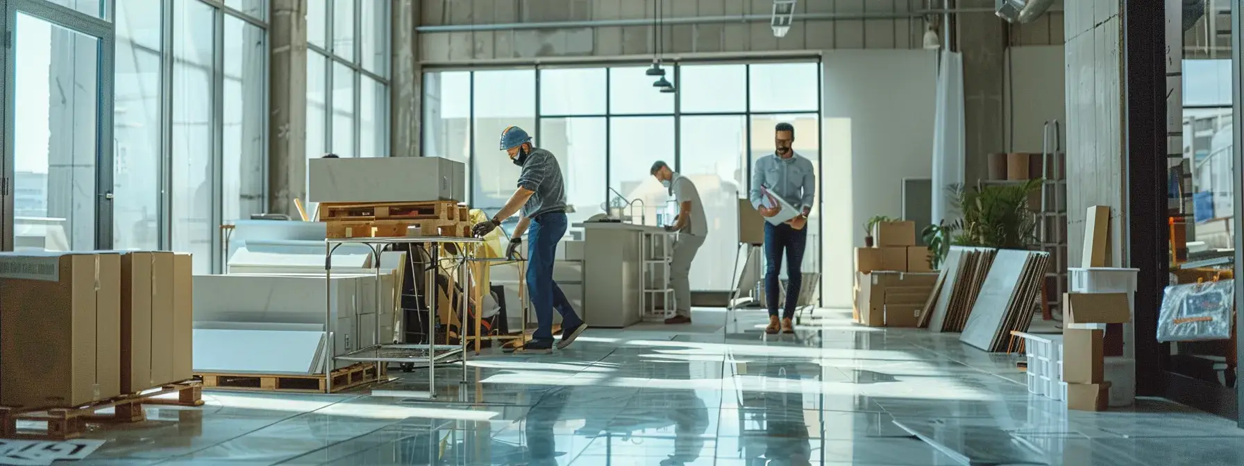 Workers organizing construction materials in spacious warehouse with large windows and natural light