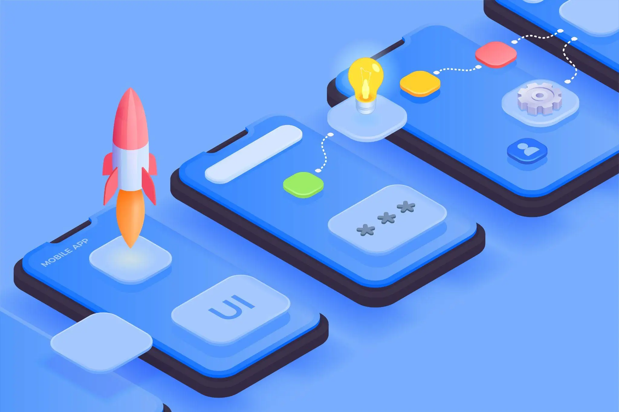 Isometric illustration of mobile app screens with rocket, light bulb, and gears on blue background