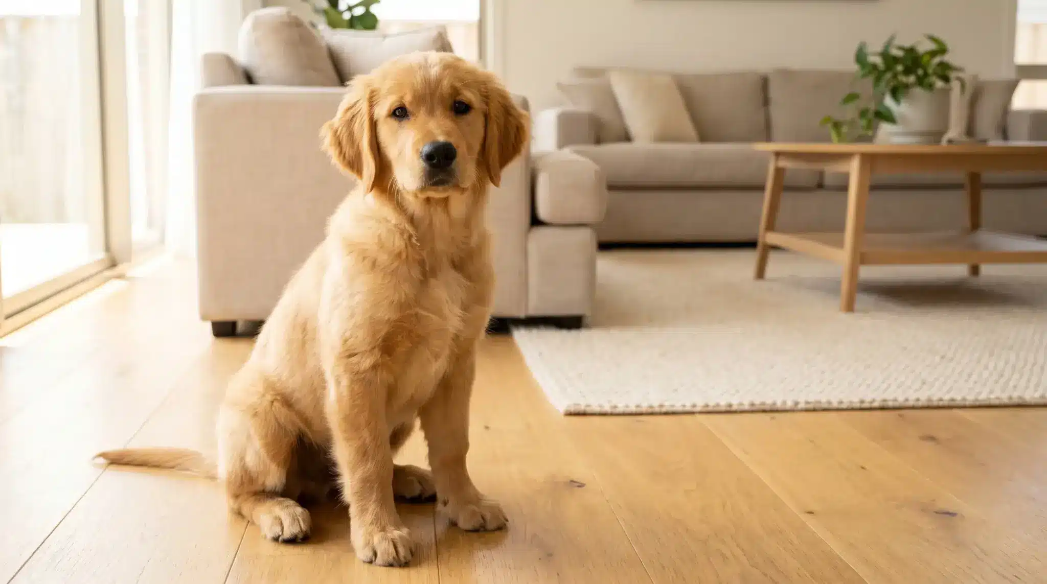 Golden retriever puppy sitting on wooden floor in cozy living room with beige furniture