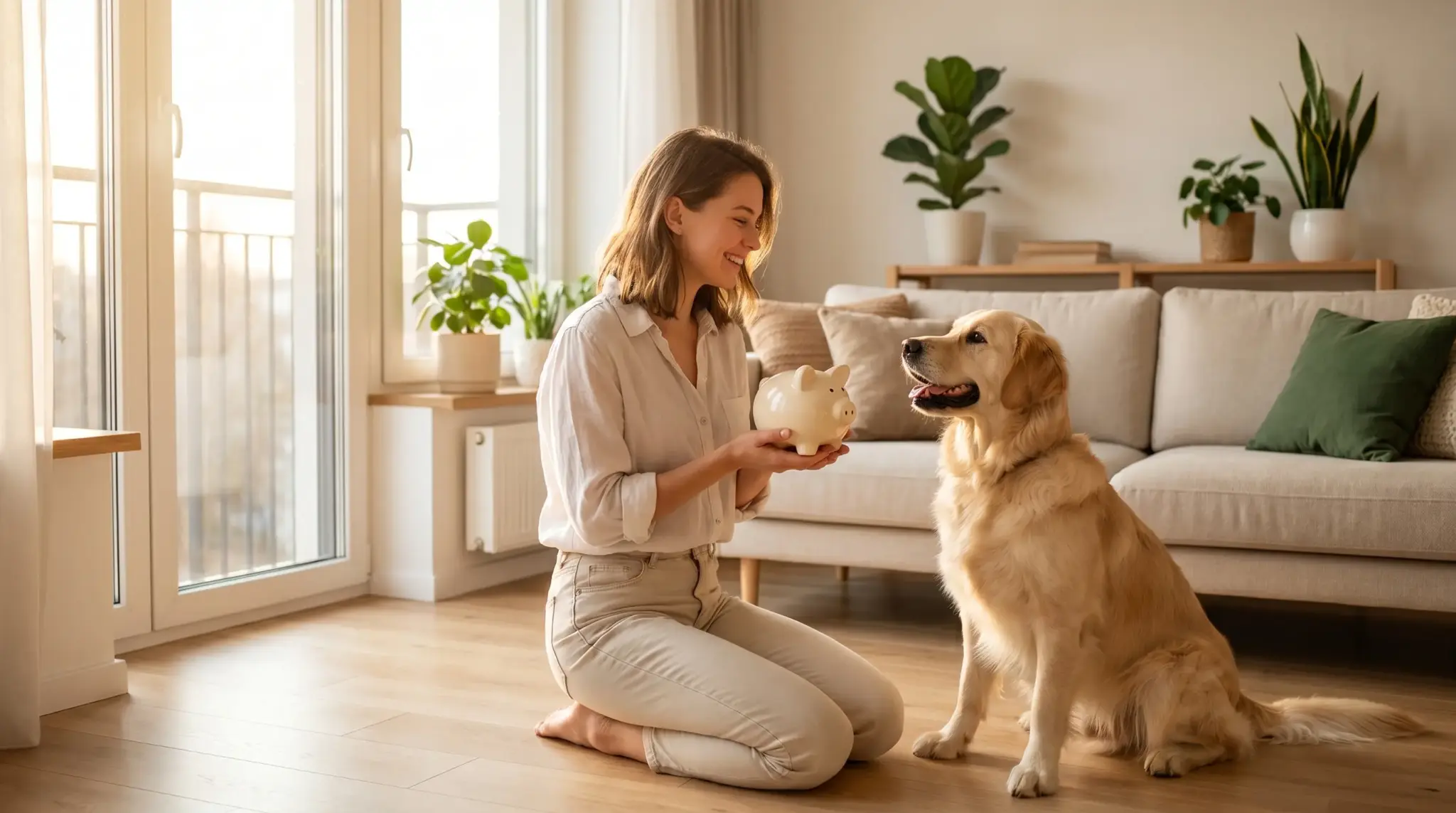 Woman kneeling on wooden floor holding piggy bank in bright living room with golden retriever