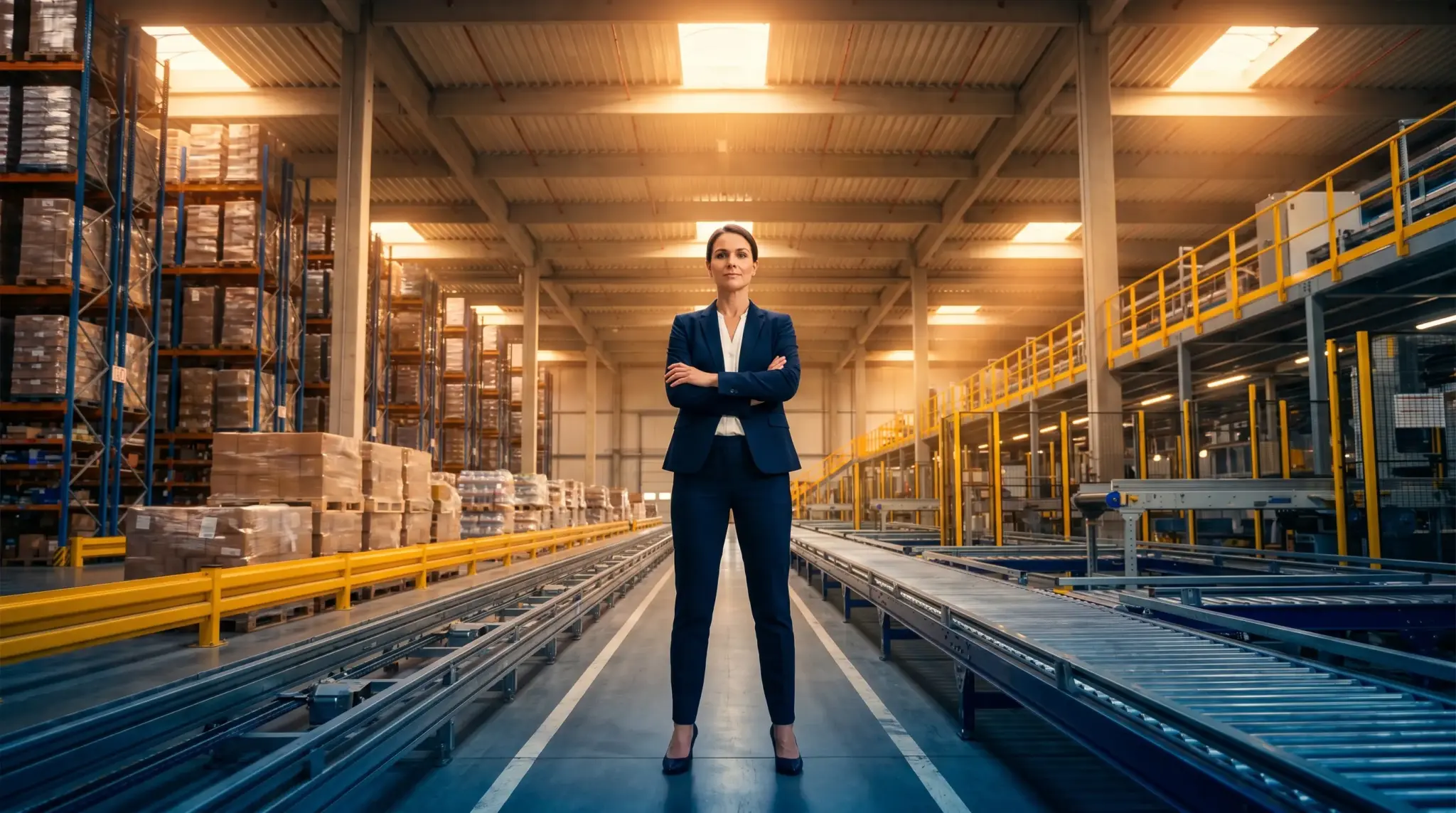 Businesswoman in a suit standing confidently in a large industrial warehouse setting
