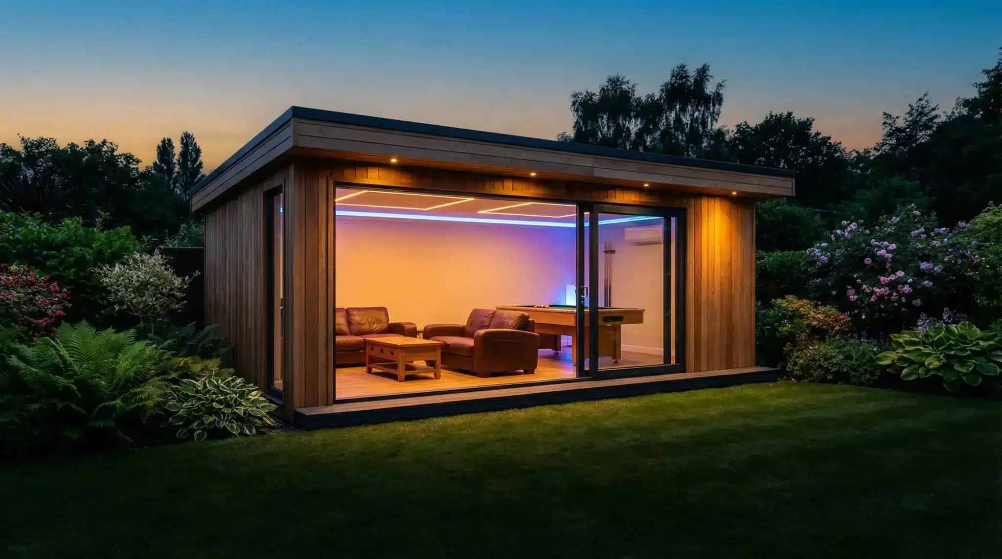 Modern wooden garden room with leather sofas and pool table illuminated by blue lights