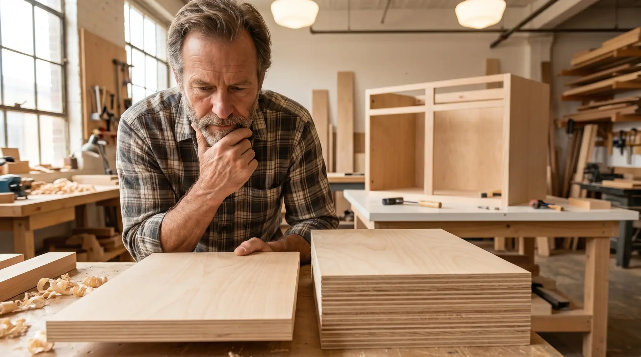 Man in plaid shirt examining plywood sheets in woodshop with tools and large windows