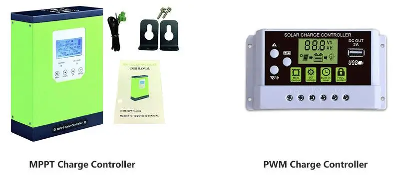 MPPT and PWM solar charge controllers on white background with user manual and mounting accessories.
