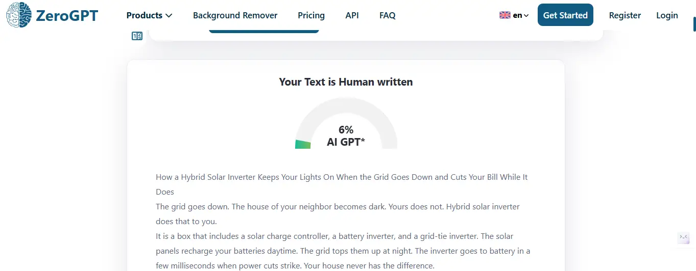 Web interface displaying human-written text analysis with AI detection tool showing 6% AI content.