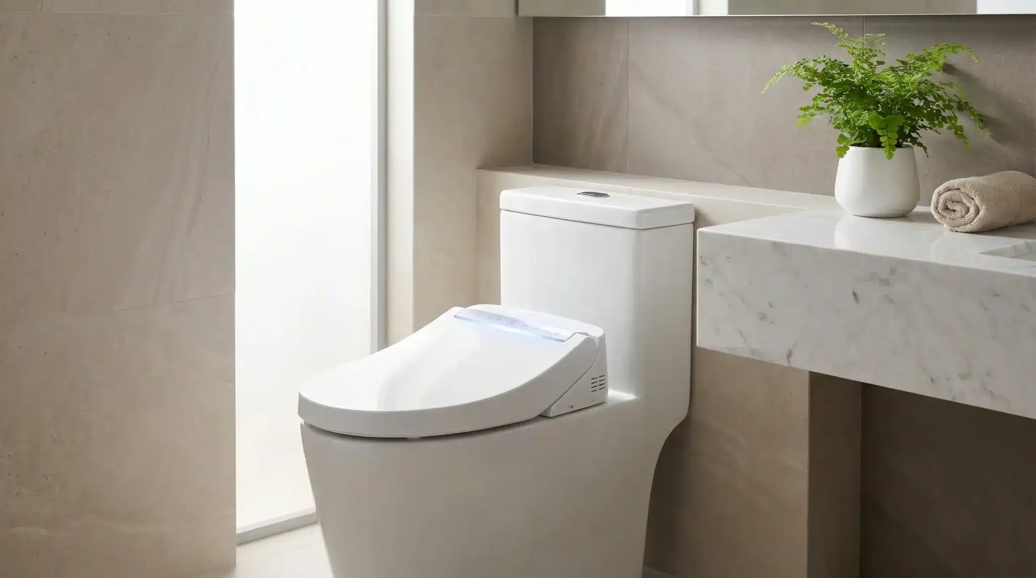 Modern white toilet with smart bidet in beige tiled bathroom with potted plant on marble counter