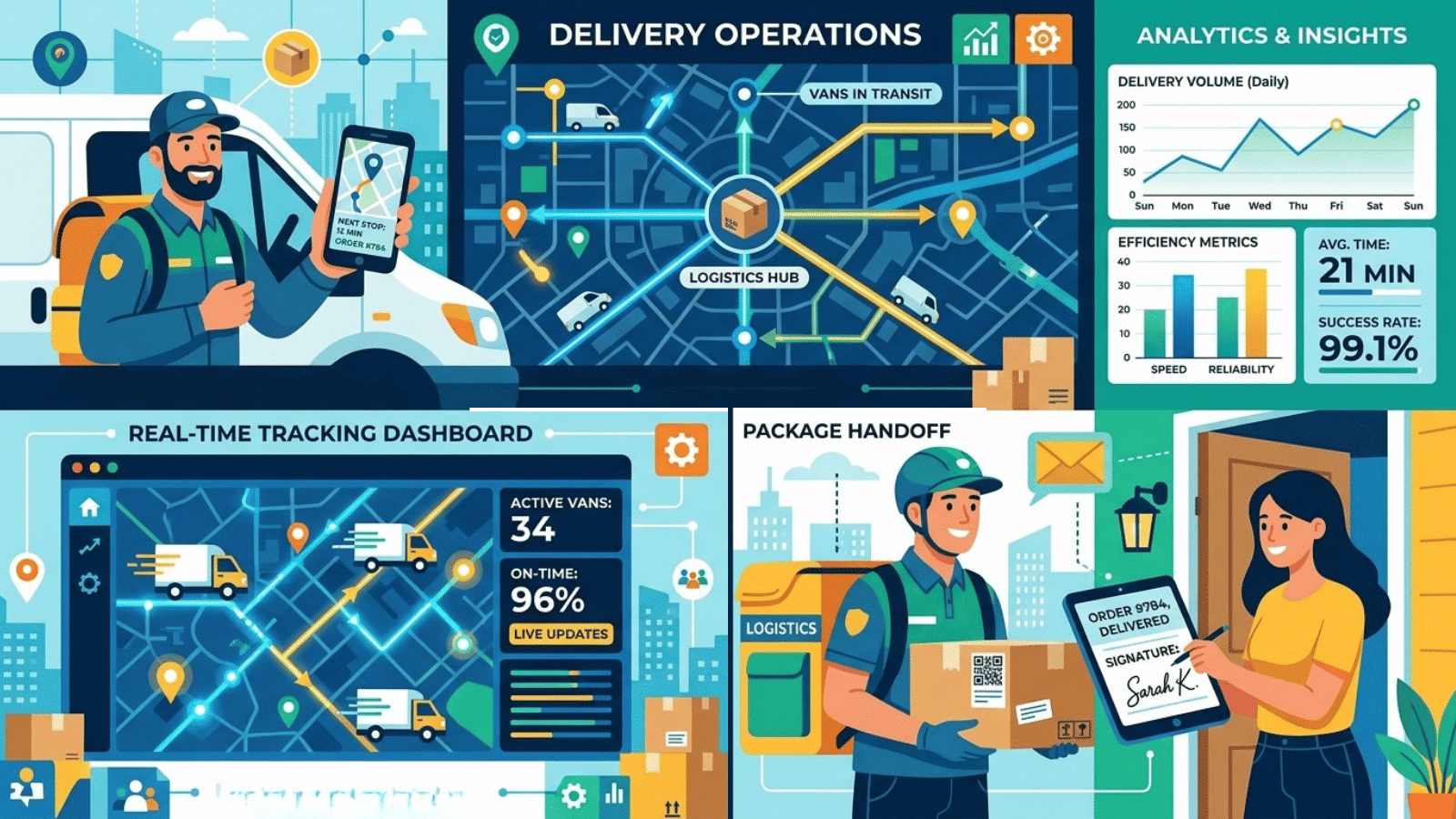 illustrated delivery operations system with live tracking, analytics, package handoff, and courier workflow in a modern logistics network
