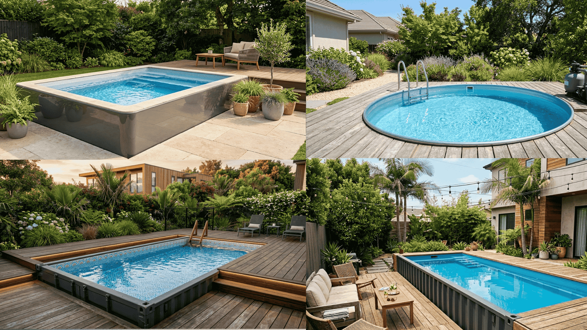collage of modern backyard pools including container and round designs in landscaped garden settings