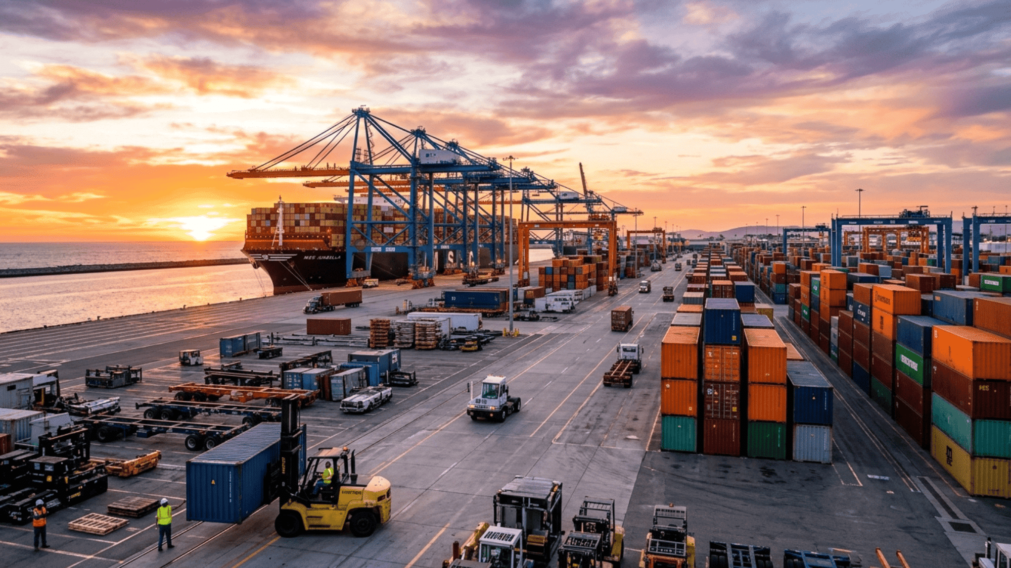 container terminal at sunset with cranes, trucks, and cargo handling equipment