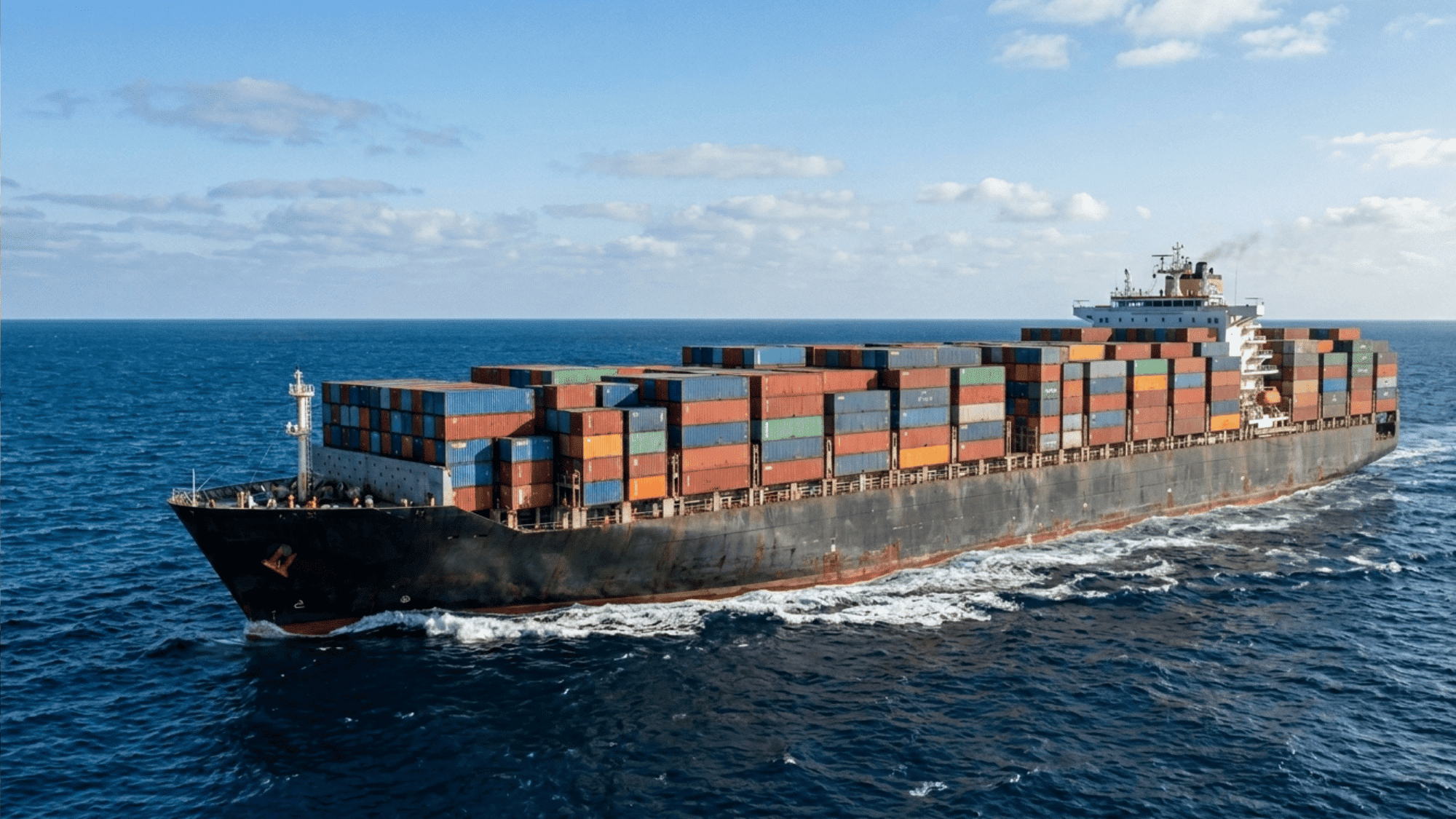 large container ship sailing in open ocean carrying stacked cargo containers