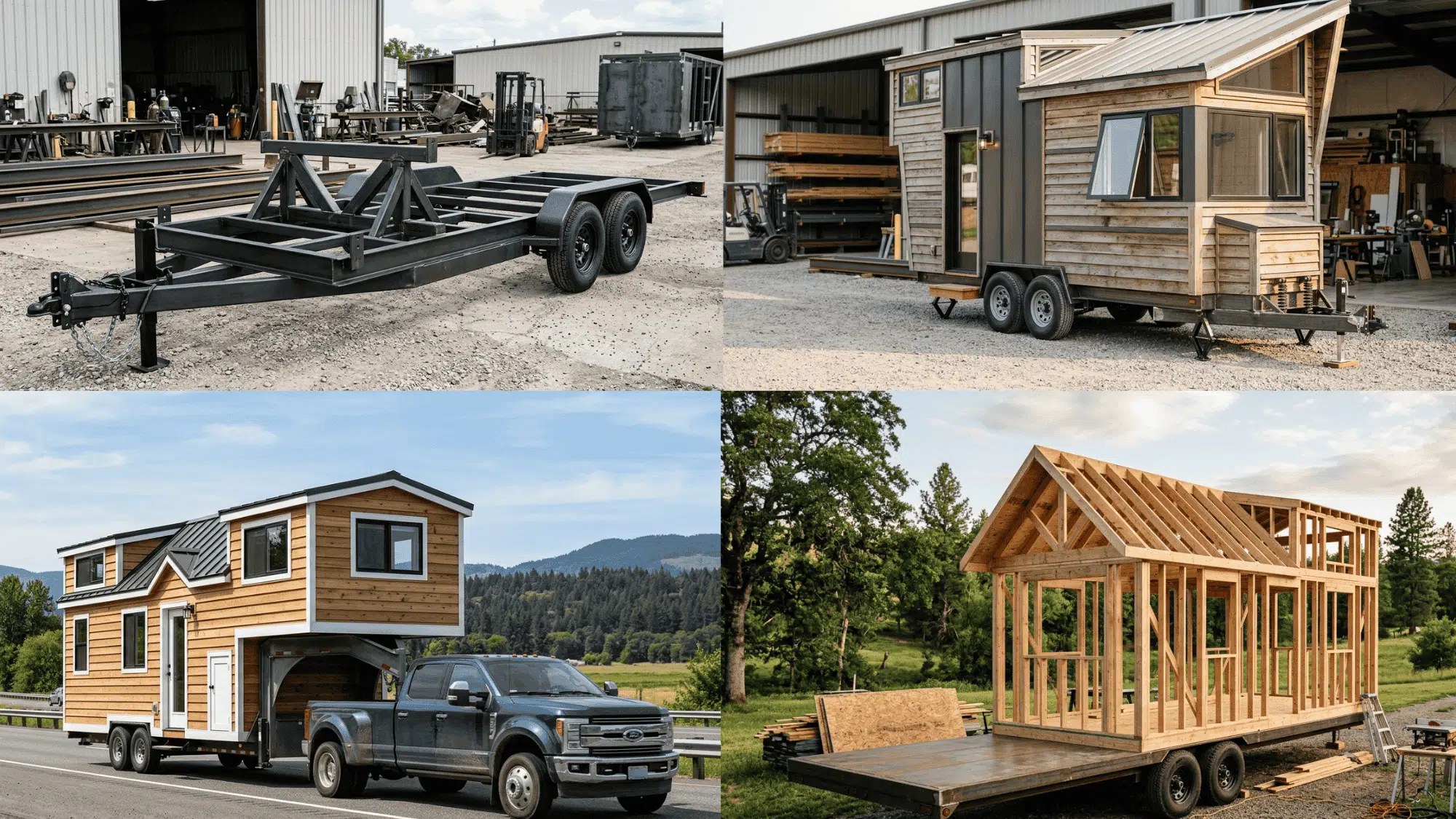 stages of building a tiny house on trailer from frame to finished mobile home