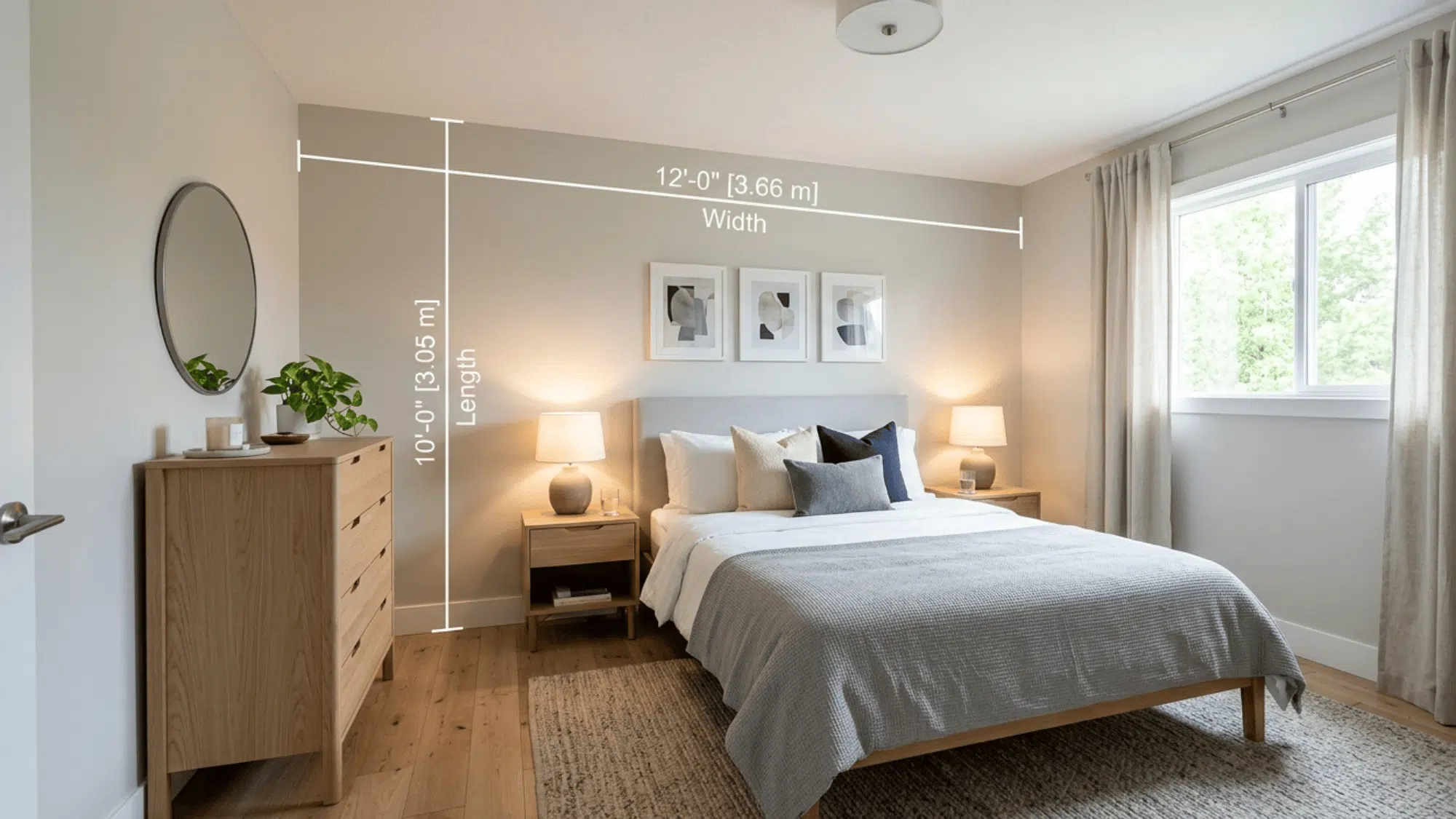 standard bedroom with queen bed nightstands and dresser showing 10x12 ft dimension lines