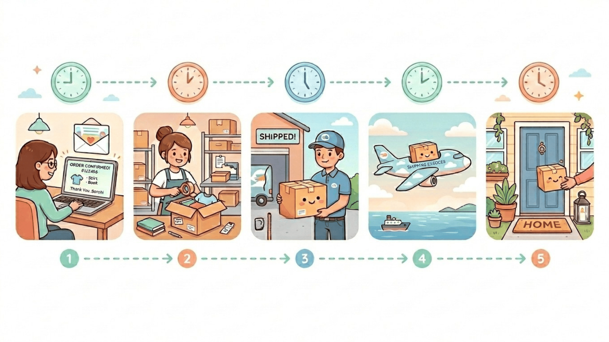 illustrated timeline showing online order process from confirmation to delivery at home