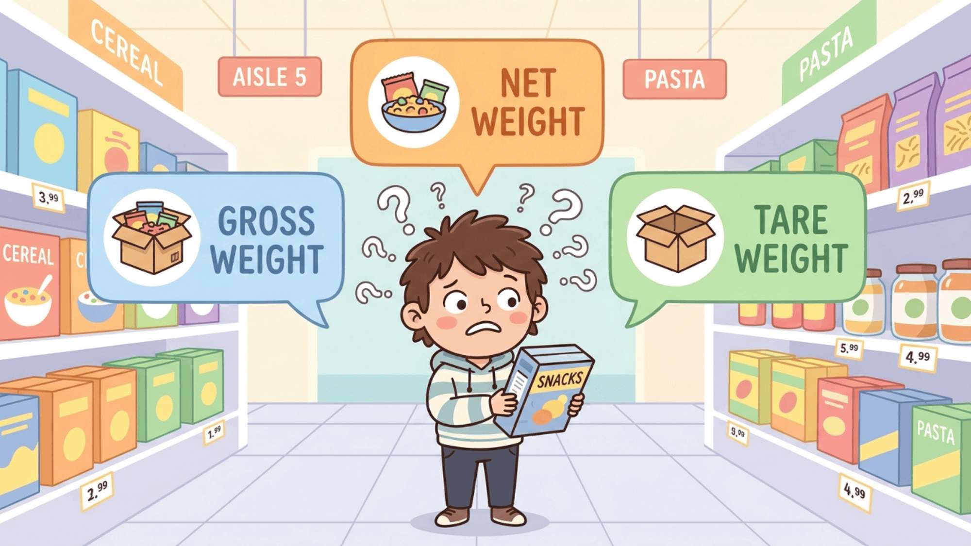 child confused in grocery aisle about gross, net, and tare weight on product packaging