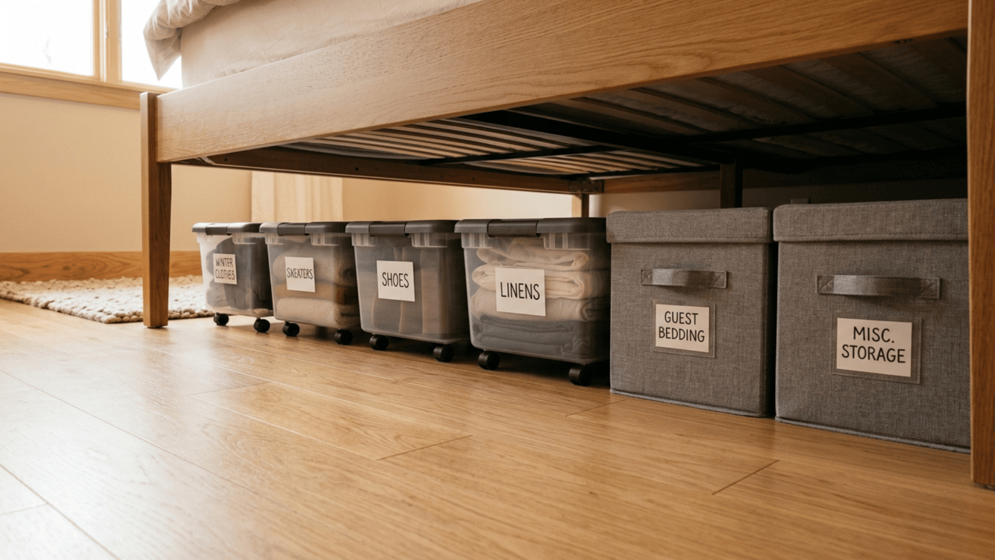 flat rolling bins and fabric boxes organized neatly under a bed for small space storage