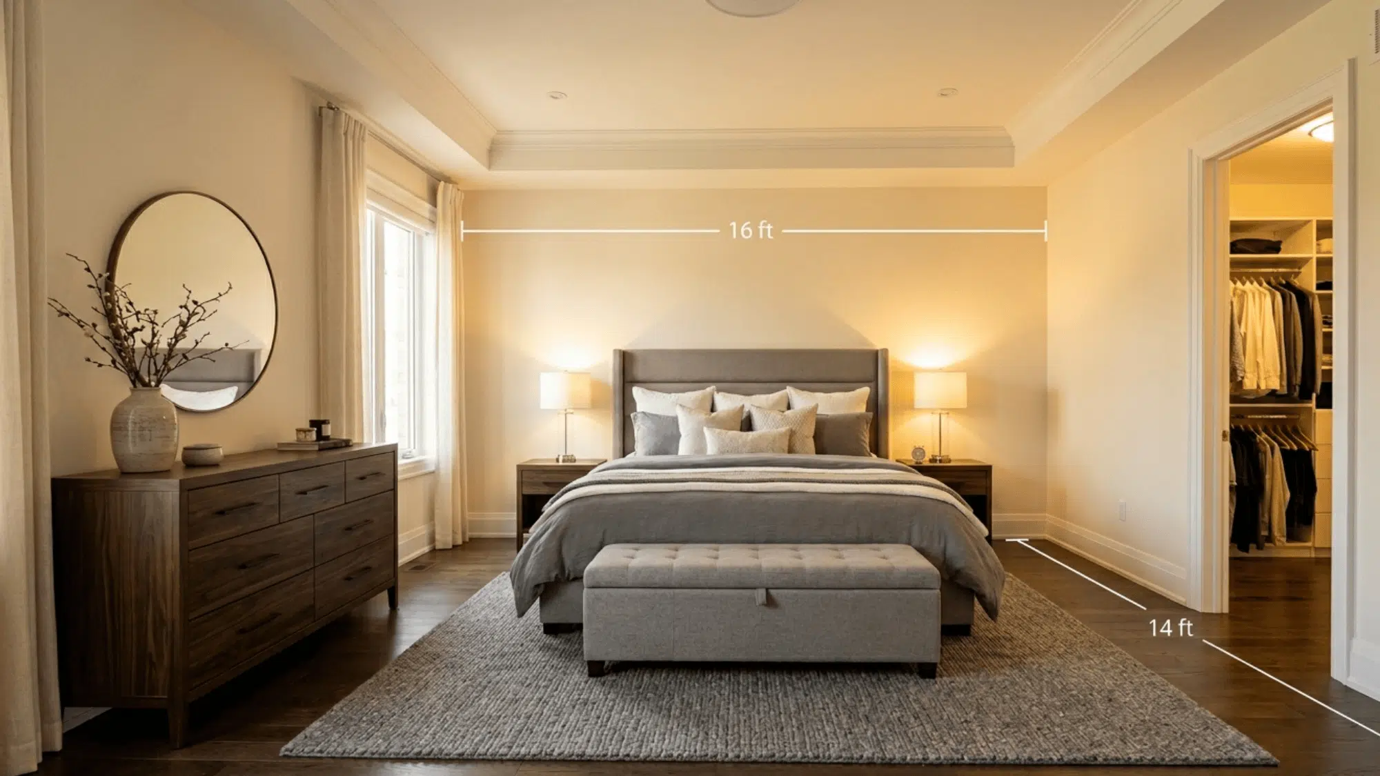 spacious master bedroom with king bed and seating area showing 14x16 ft dimension lines
