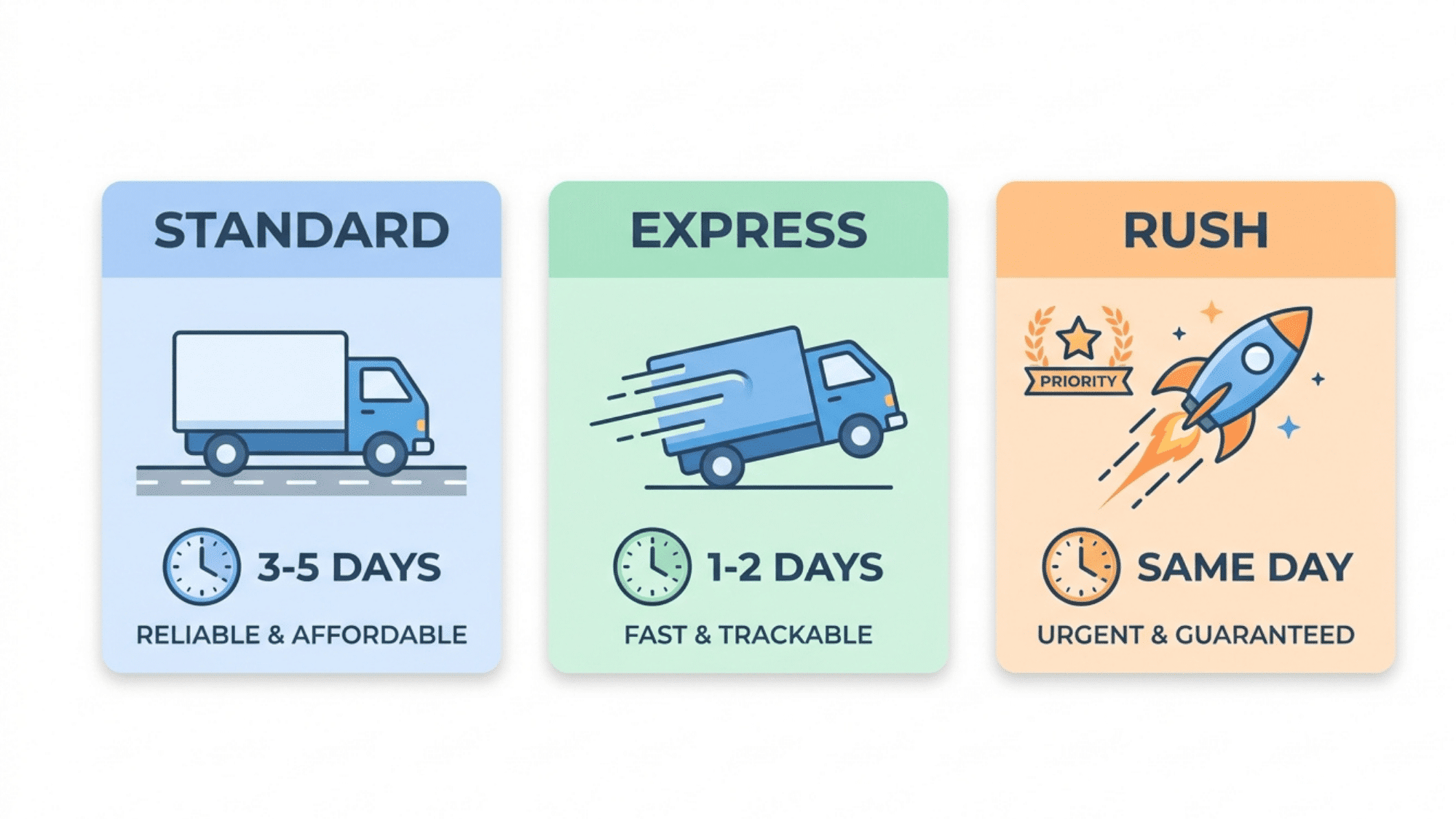 shipping options comparison showing standard express and rush delivery with timelines and icons