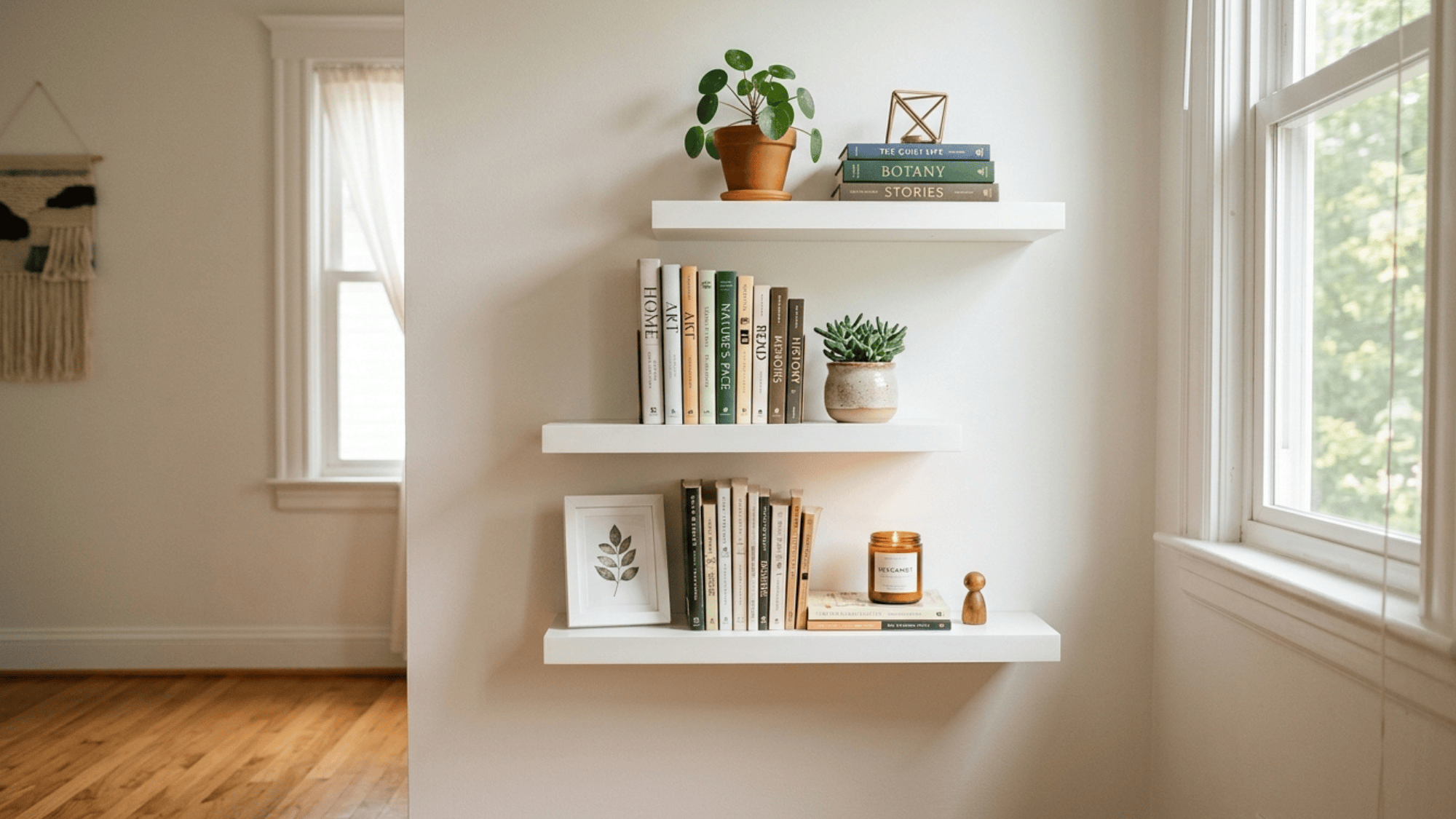 white floating wall shelves holding books and plants in a small organized room