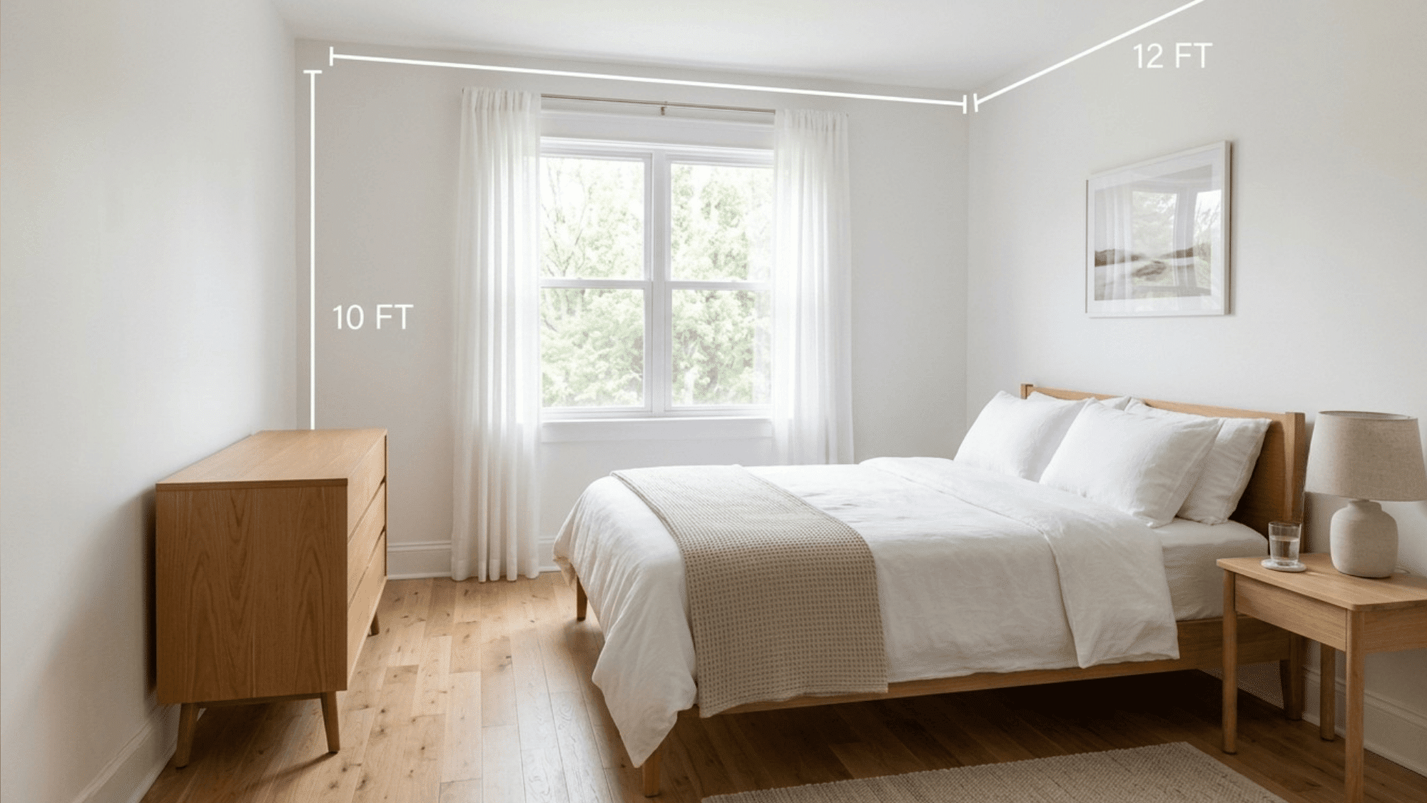 minimal guest bedroom with queen bed and nightstand showing 10x12 ft dimension lines
