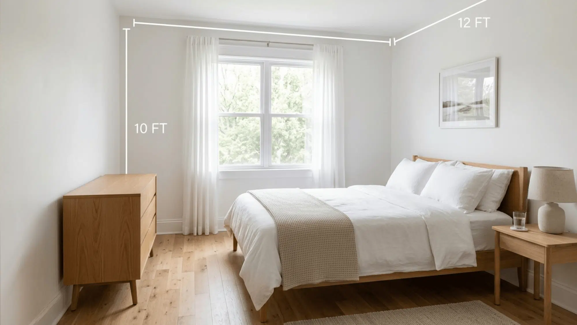 minimal guest bedroom with queen bed and nightstand showing 10x12 ft dimension lines
