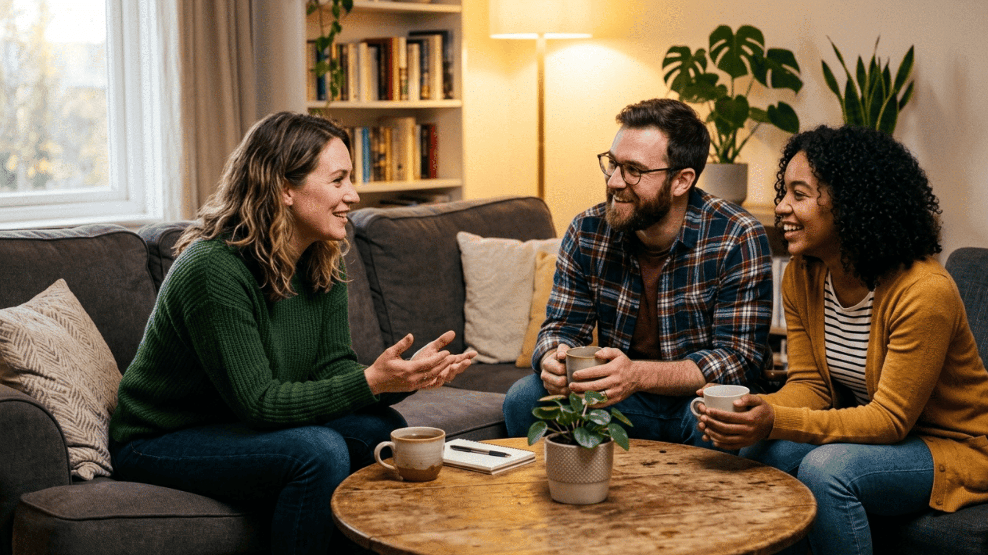 three friends sitting together on couch chatting and drinking coffee in cozy living room