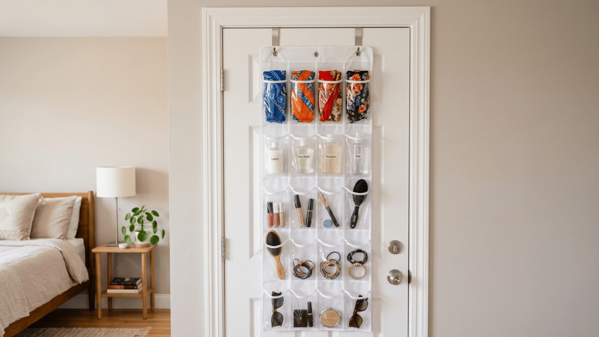 clear over-the-door organizer with pockets holding shoes and toiletries on door back