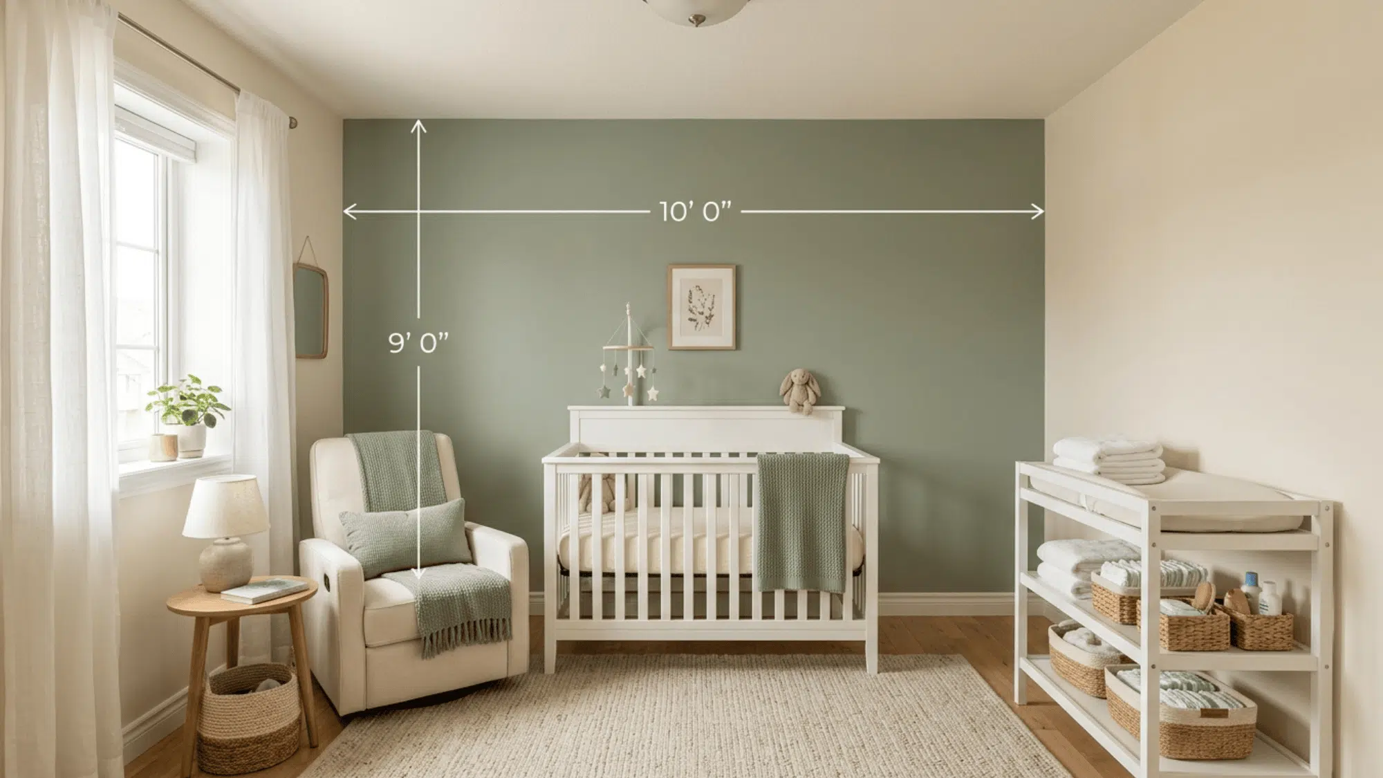 serene nursery with white crib and nursing chair showing 9x10 ft dimension lines