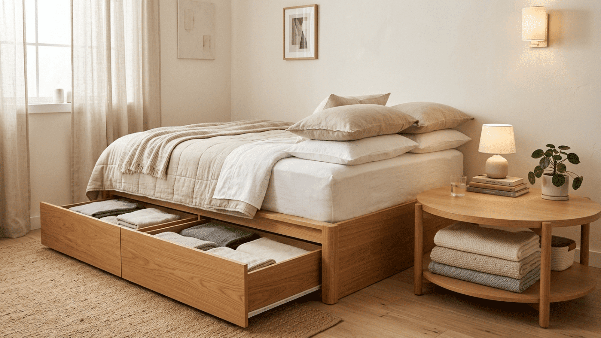 bed with built-in storage drawers and coffee table with shelves in a small bedroom