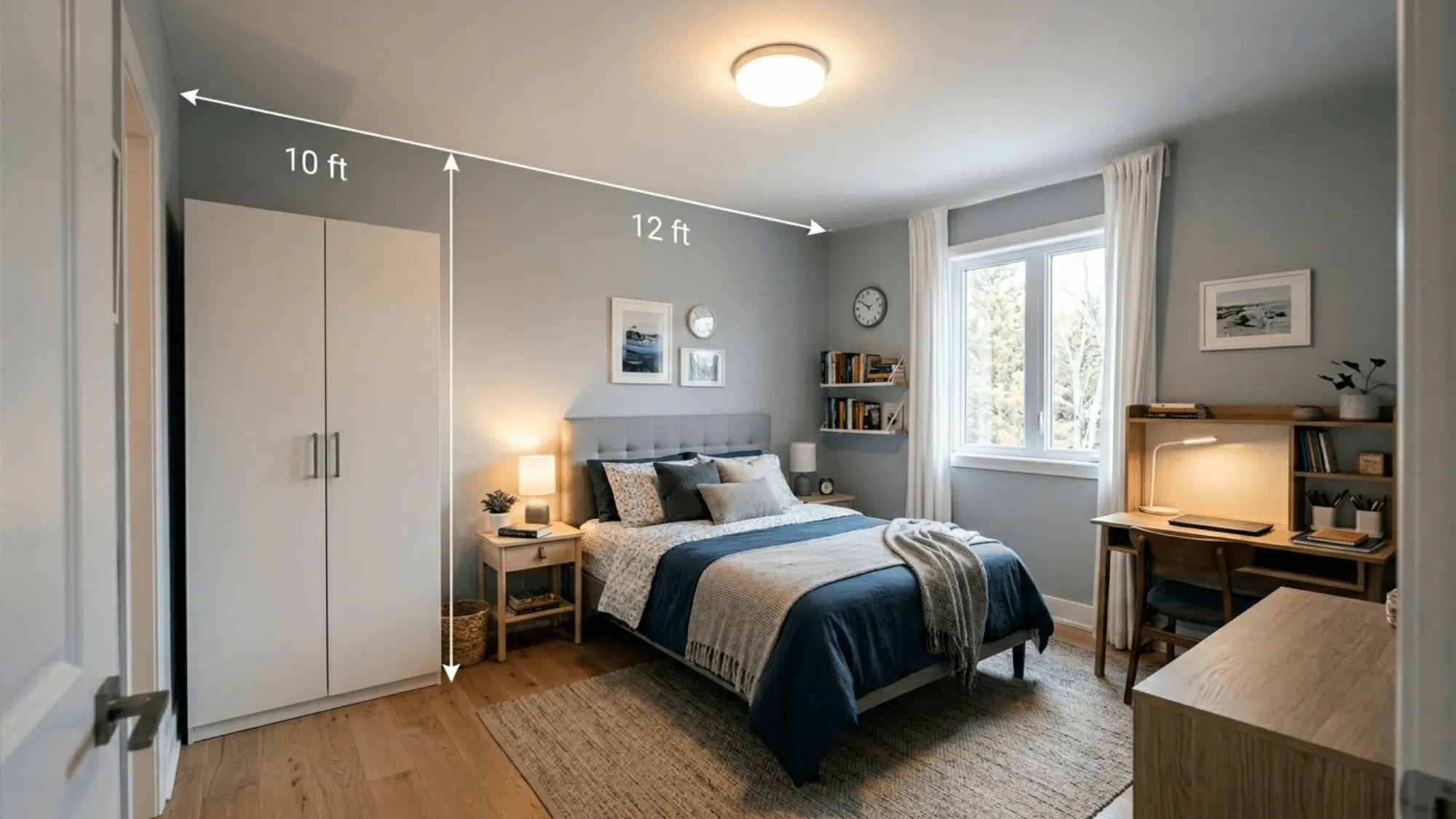 functional teen bedroom with study desk and wardrobe showing 10x12 ft dimension lines