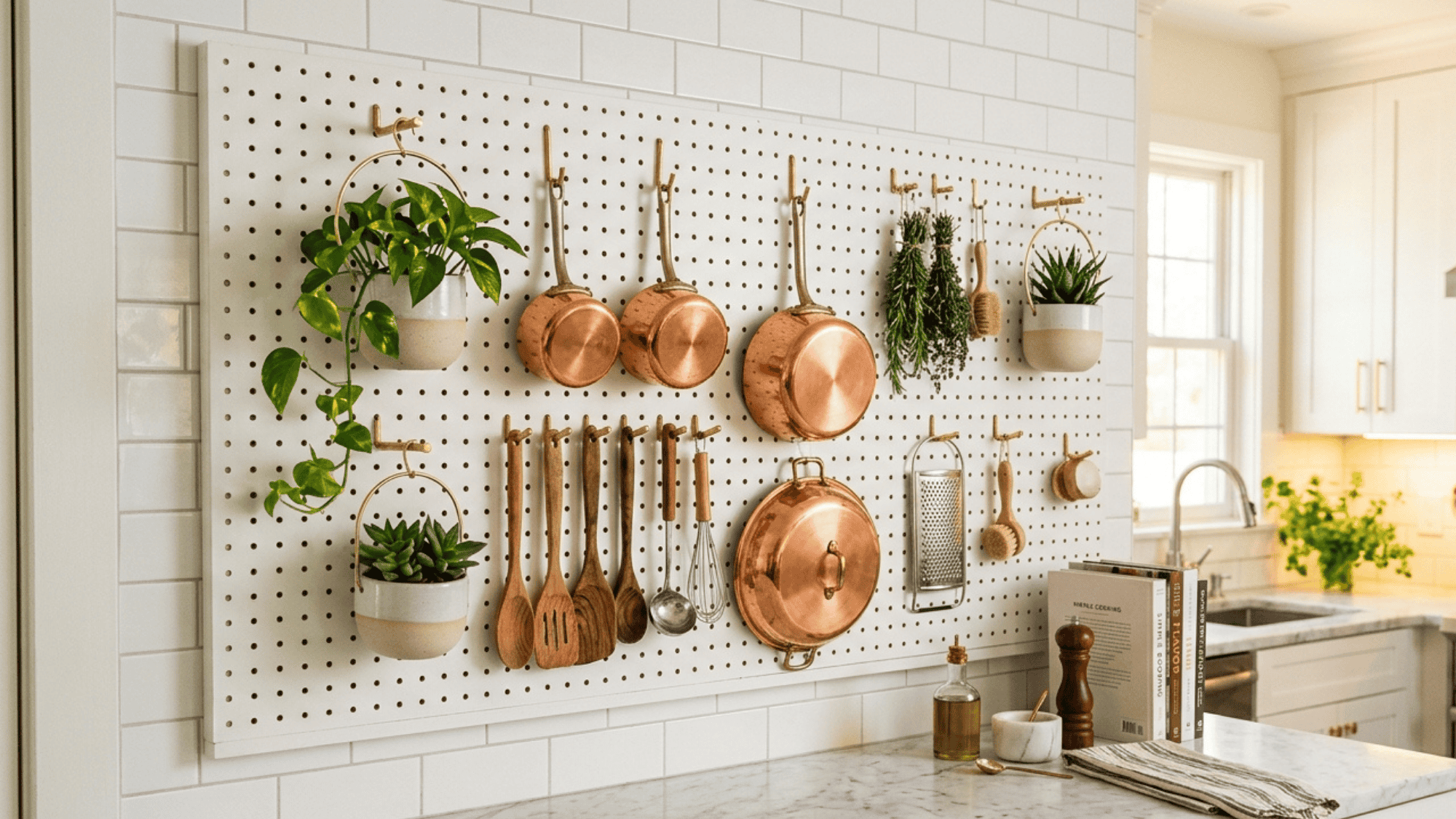 white kitchen pegboard with metal hooks holding pots pans and utensils on wall