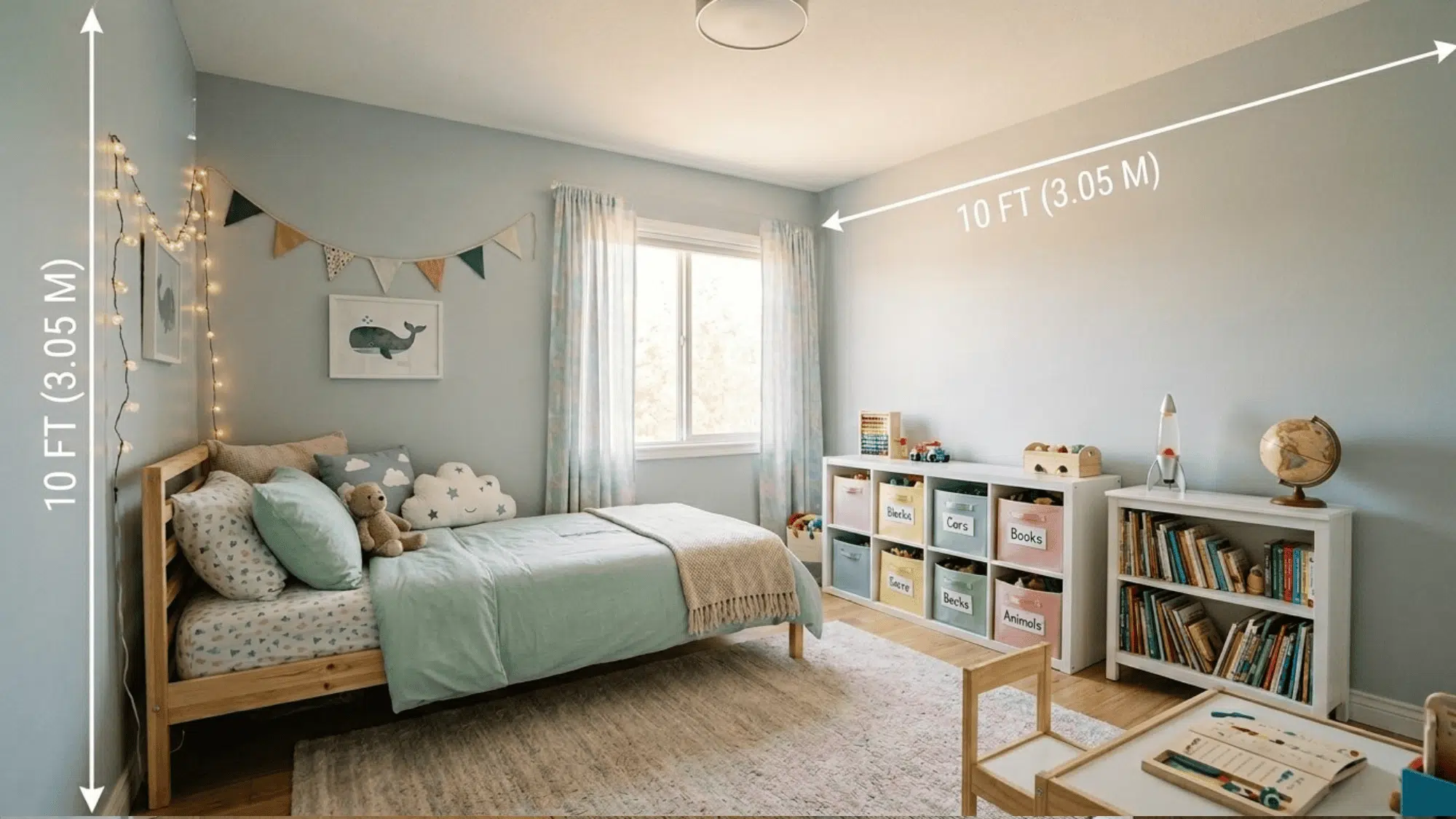 cheerful kids bedroom with twin bed and toy storage showing 10x10 ft dimension lines
