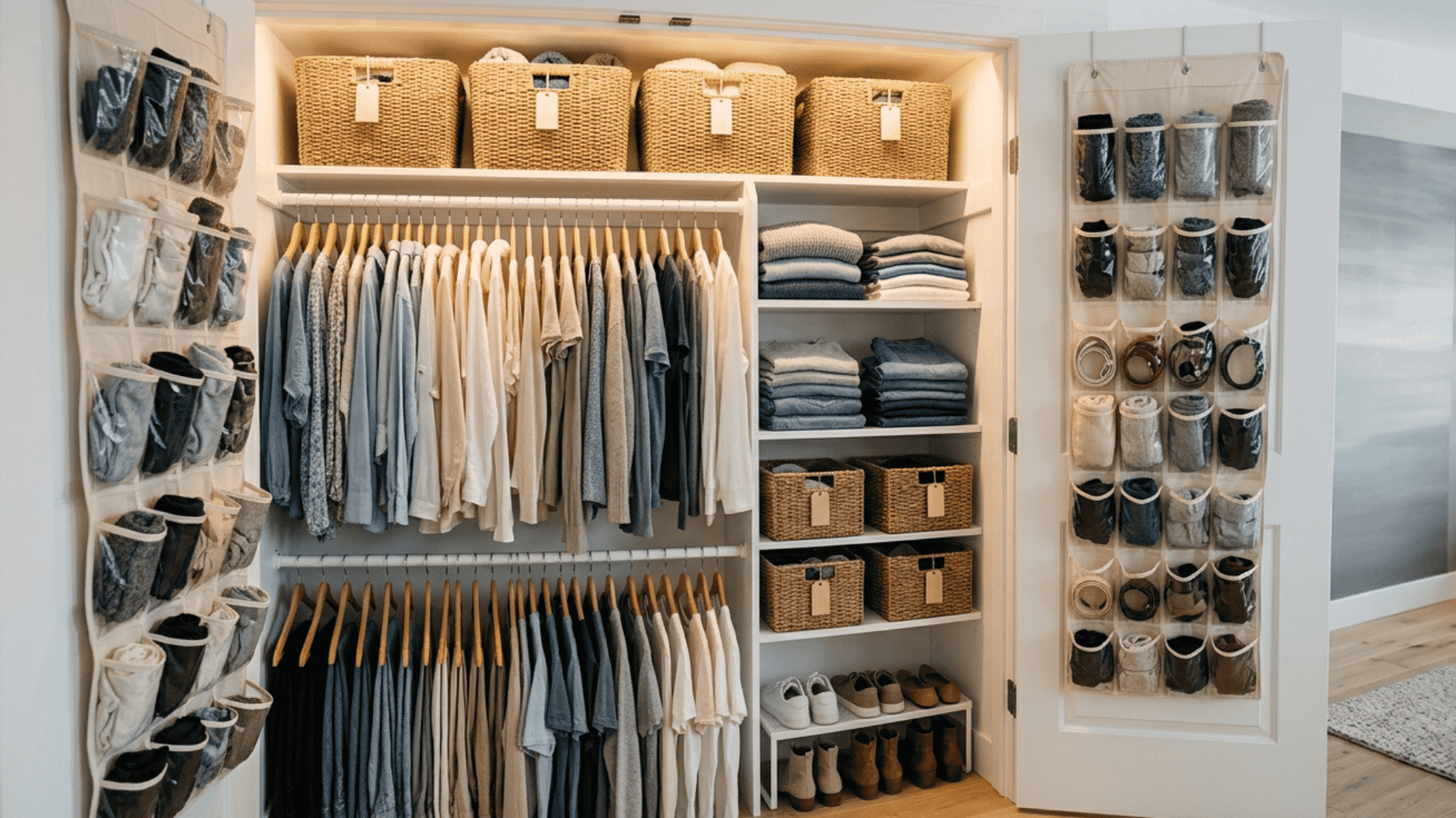 small closet with double hanging rods stackable bins and inside door organizer