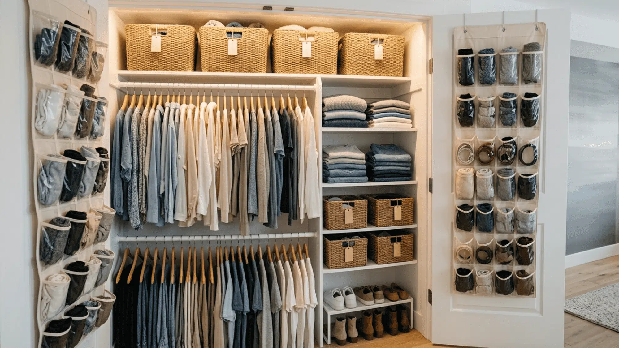 small closet with double hanging rods stackable bins and inside door organizer