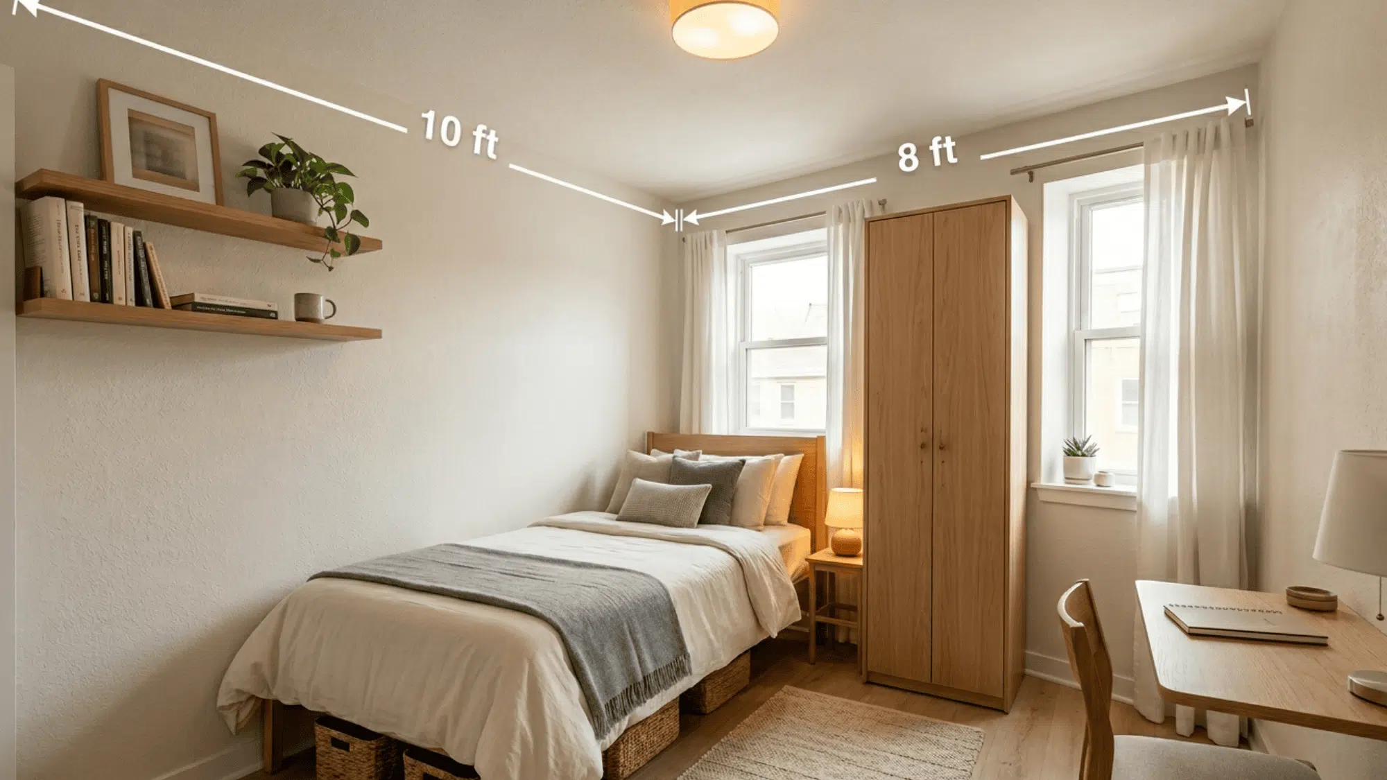 compact small bedroom with twin bed and slim wardrobe showing 8x10 ft dimension lines