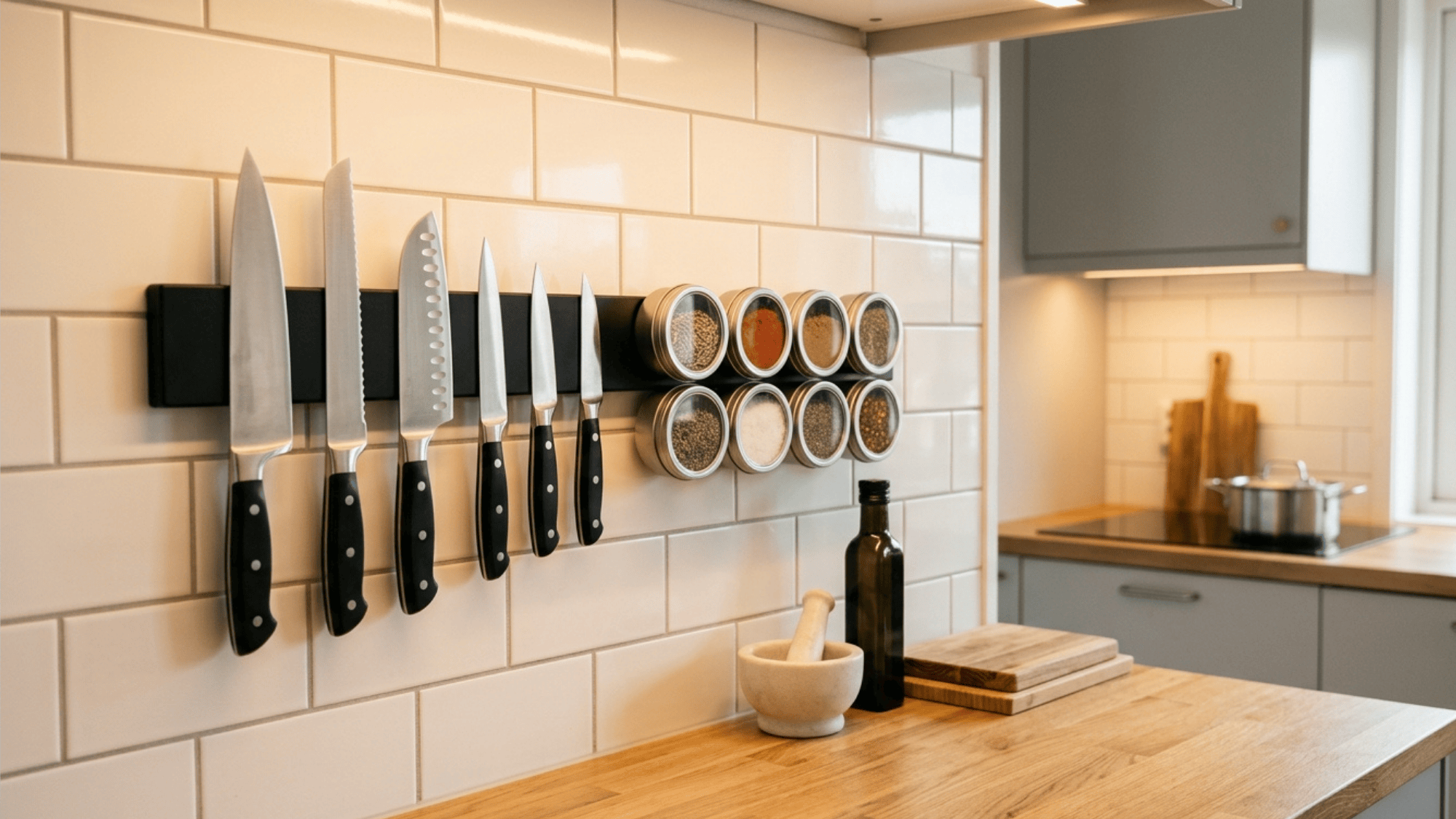 magnetic wall strip holding kitchen knives and spice tins neatly on a tile wall