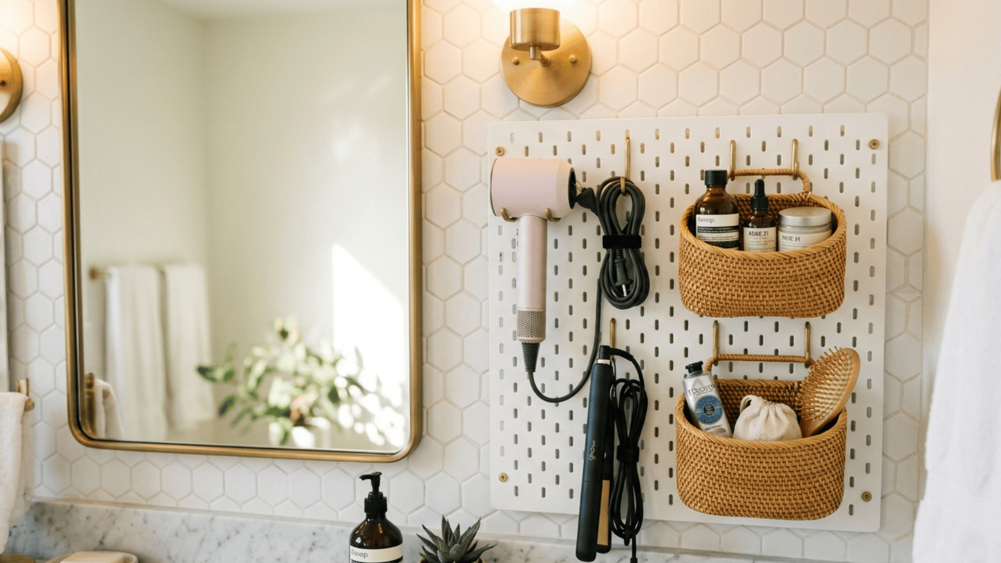 white bathroom pegboard with hooks holding hair tools and baskets of toiletries