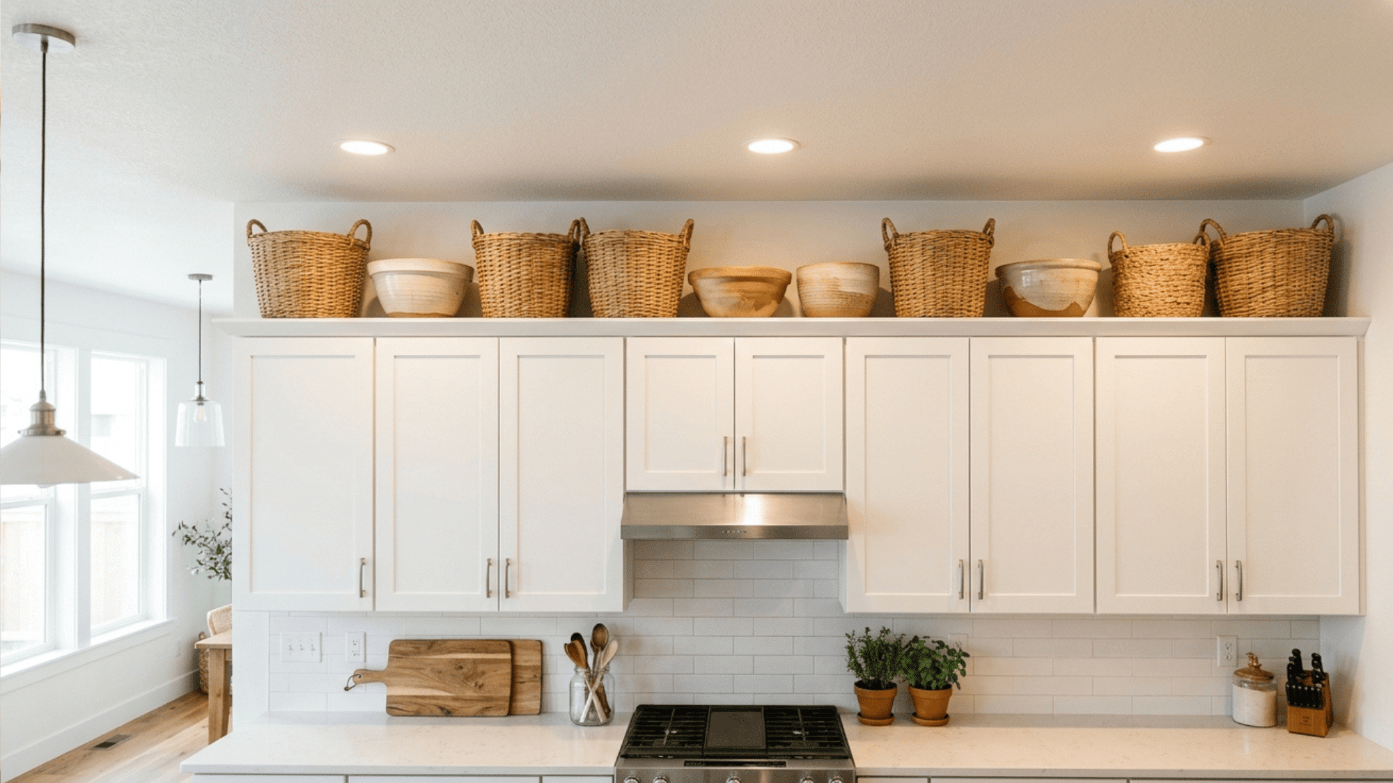 wicker baskets and large bowls stored neatly in the gap above kitchen cabinets