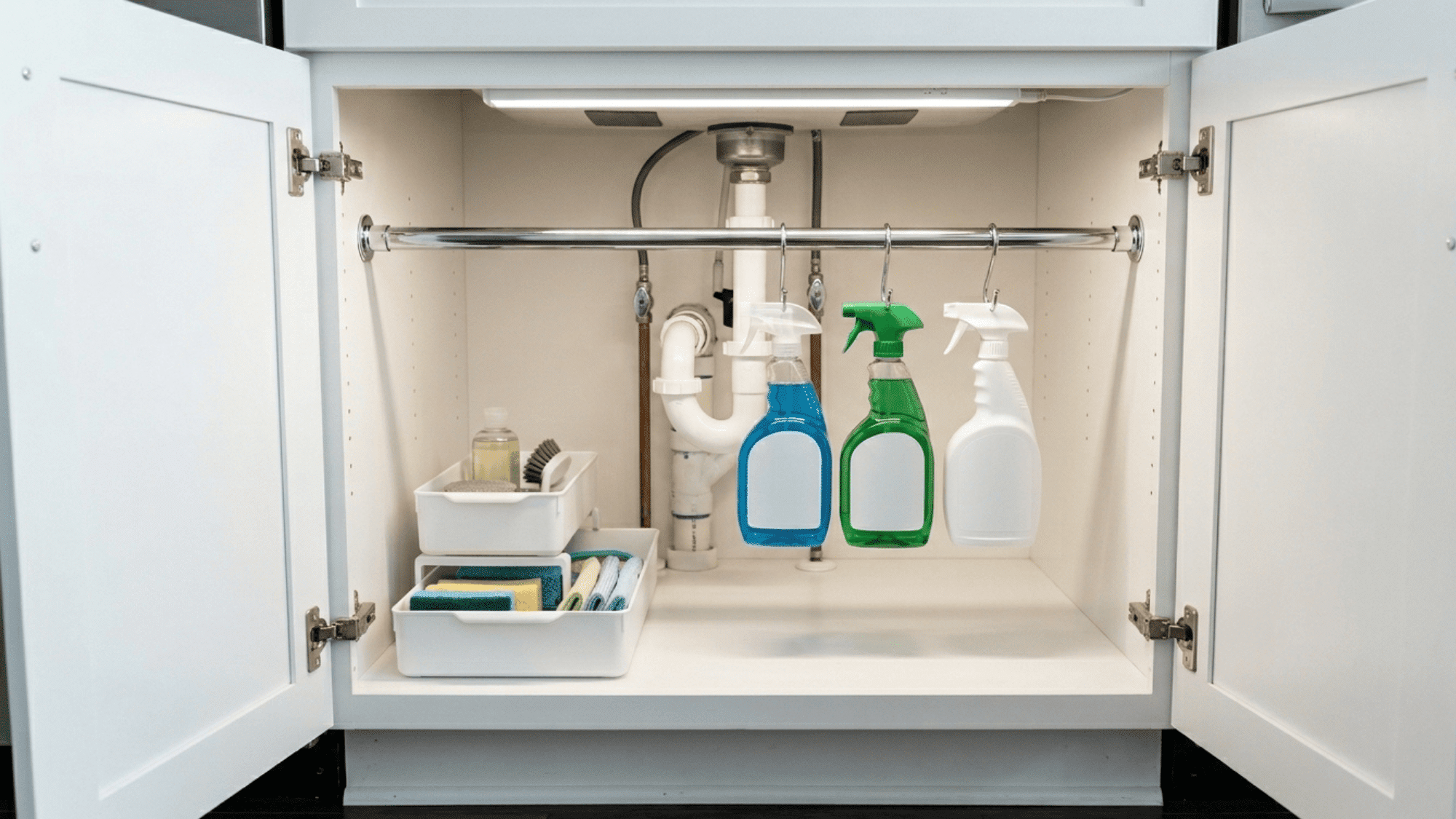 tension rod with spray bottles on s-hooks inside an organized under-sink cabinet