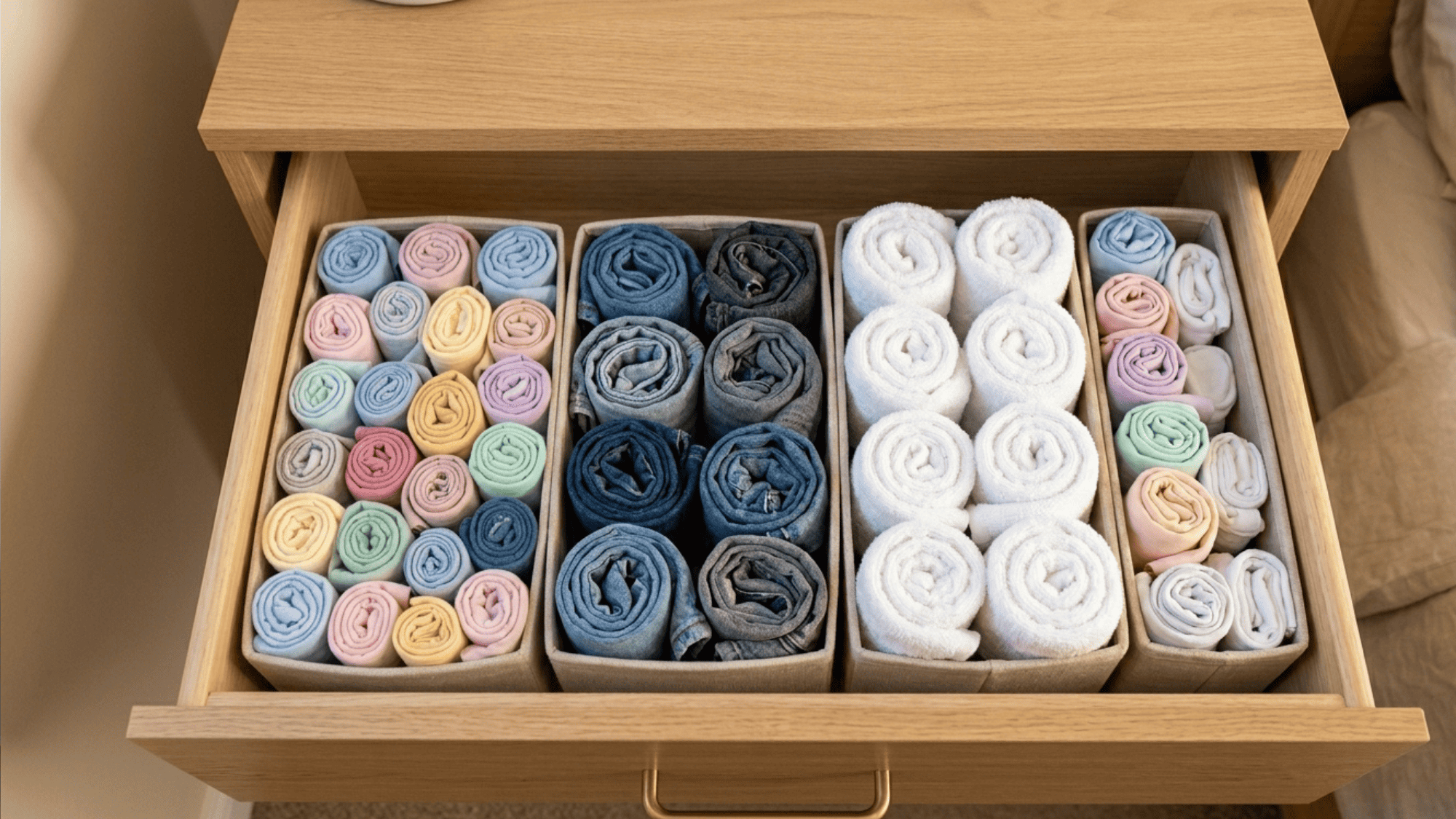clothes rolled vertically and standing upright in fabric bins inside a bedroom drawer
