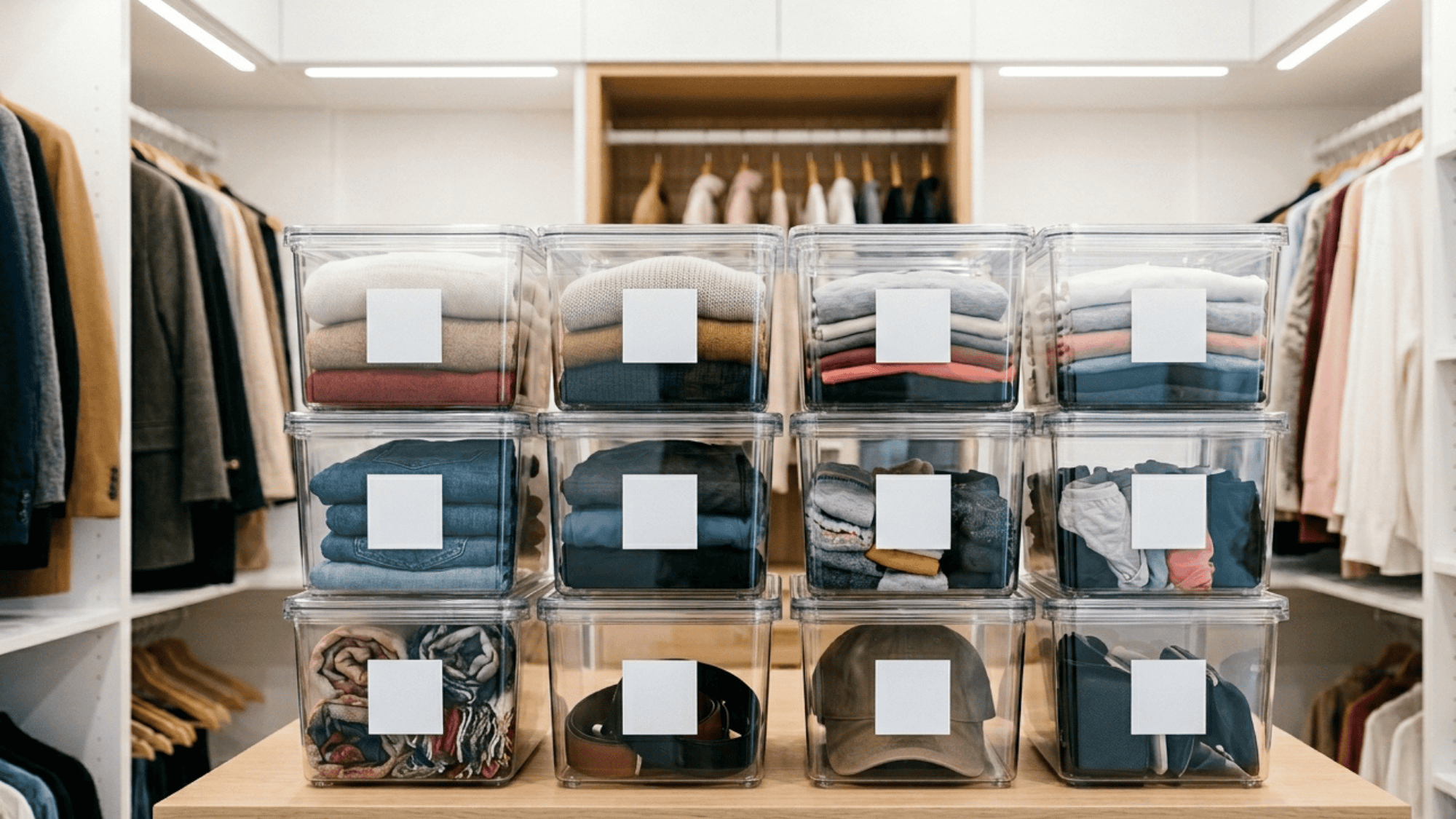 clear stackable labeled storage bins neatly arranged in rows on a closet shelf