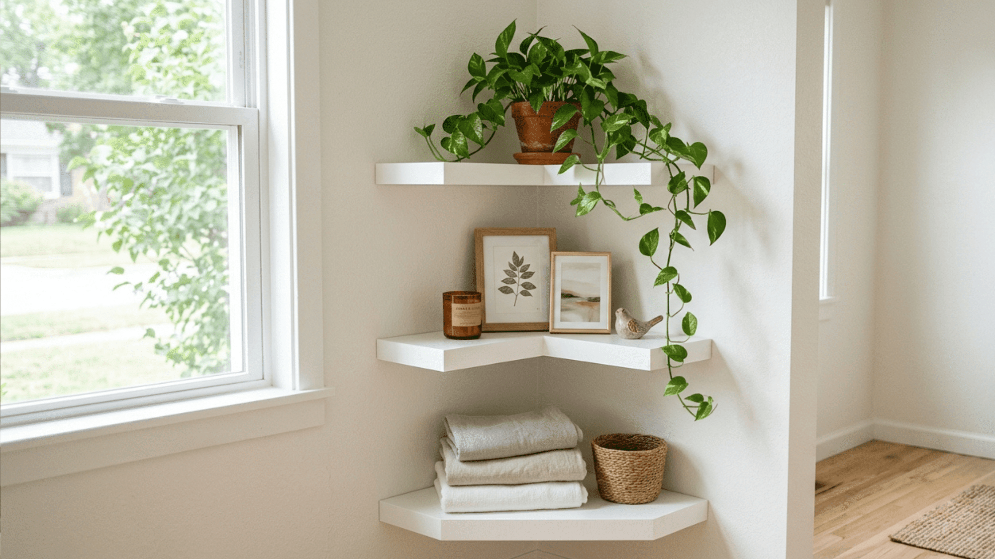 white floating corner shelves holding plants towels and decor in a small room