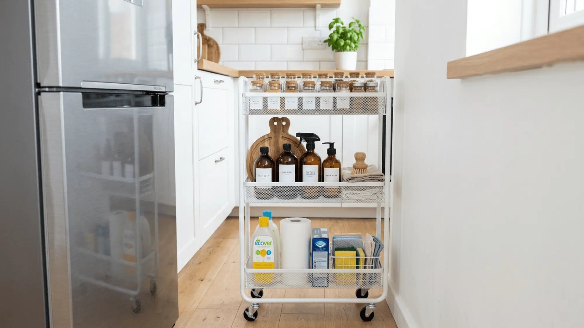 narrow white rolling cart tucked between refrigerator and wall holding kitchen supplies