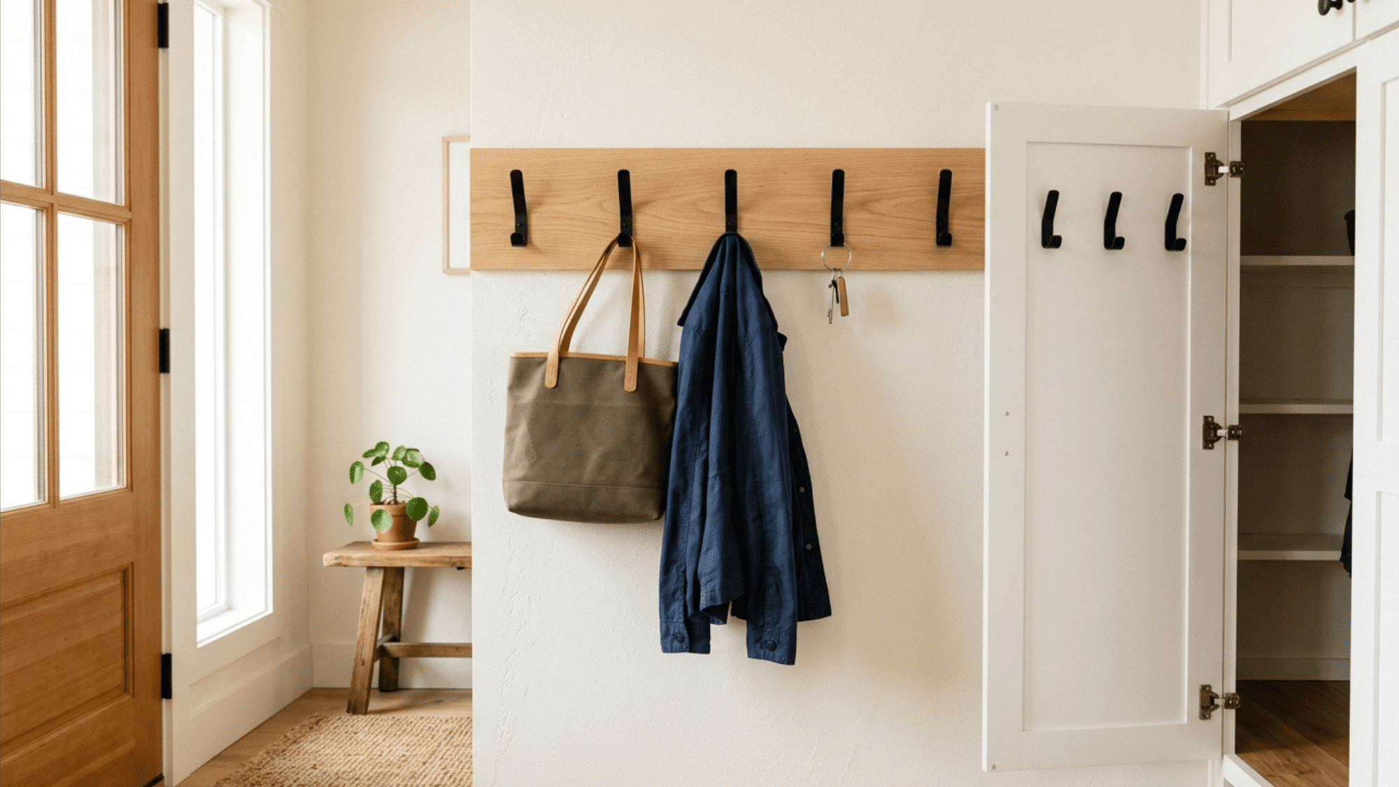 metal hooks on cabinet door and wall holding keys bags and coats in small home