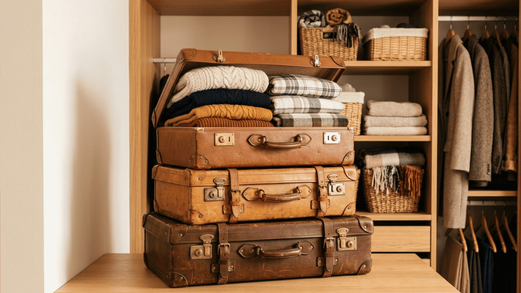 stacked suitcases in a closet filled with folded seasonal clothing and extra bedding