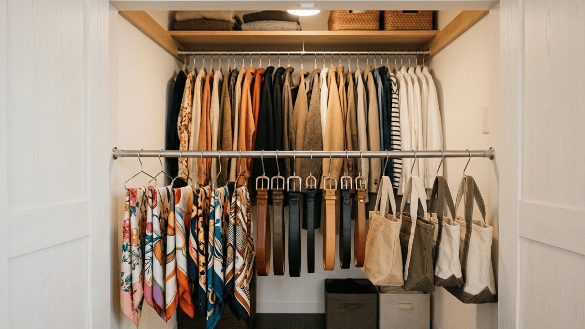 tension rod creating a second hanging level in a small closet for scarves and bags