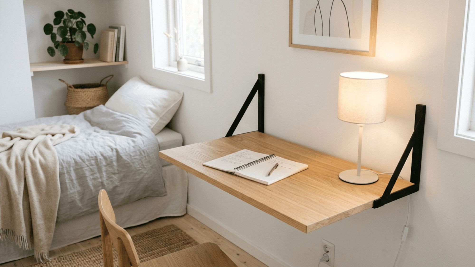 slim wooden fold-down wall desk extended in a small bedroom with notebook and lamp (1)