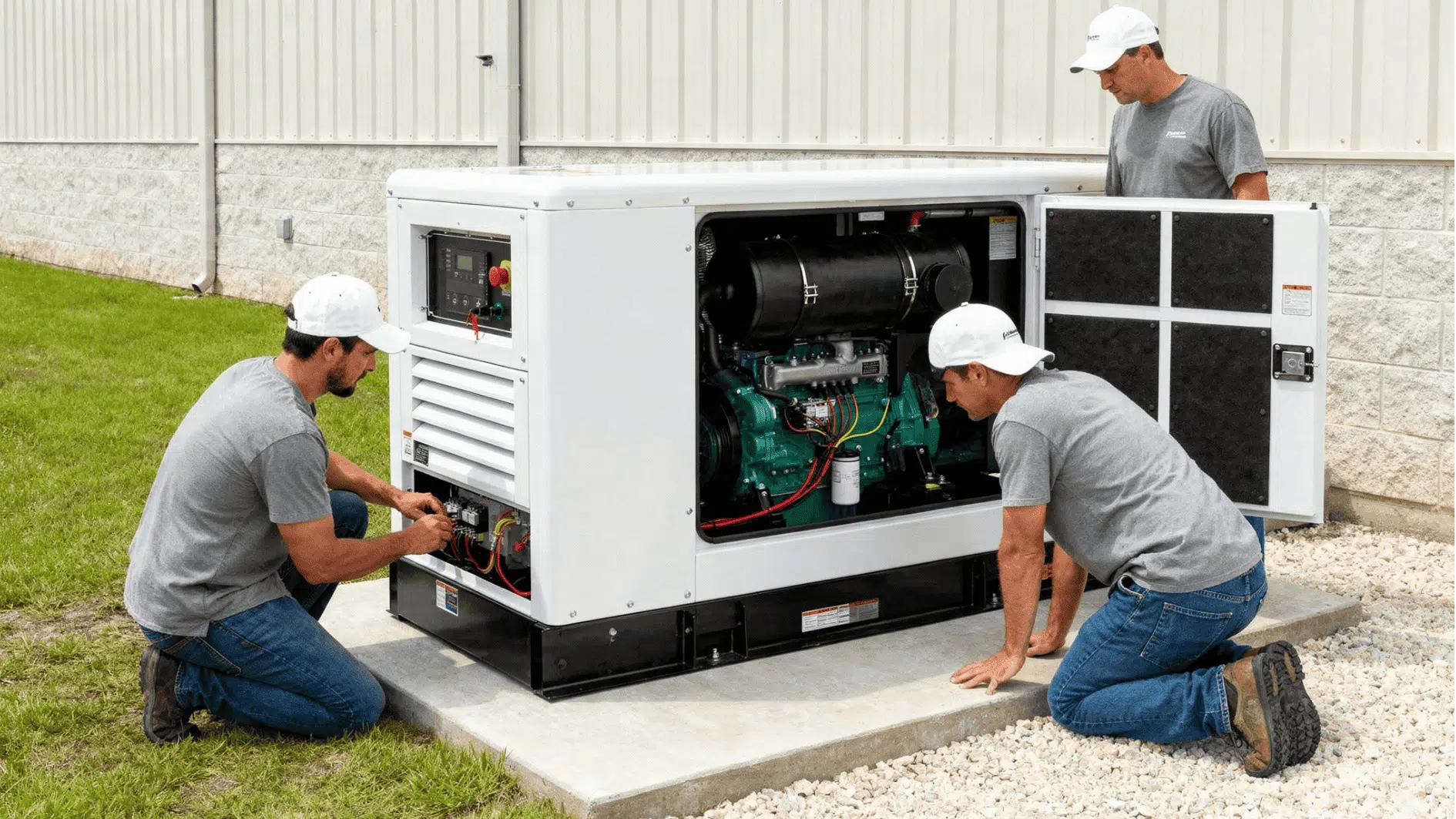 workers installing standby backup generator on concrete pad outside home during setup and inspection